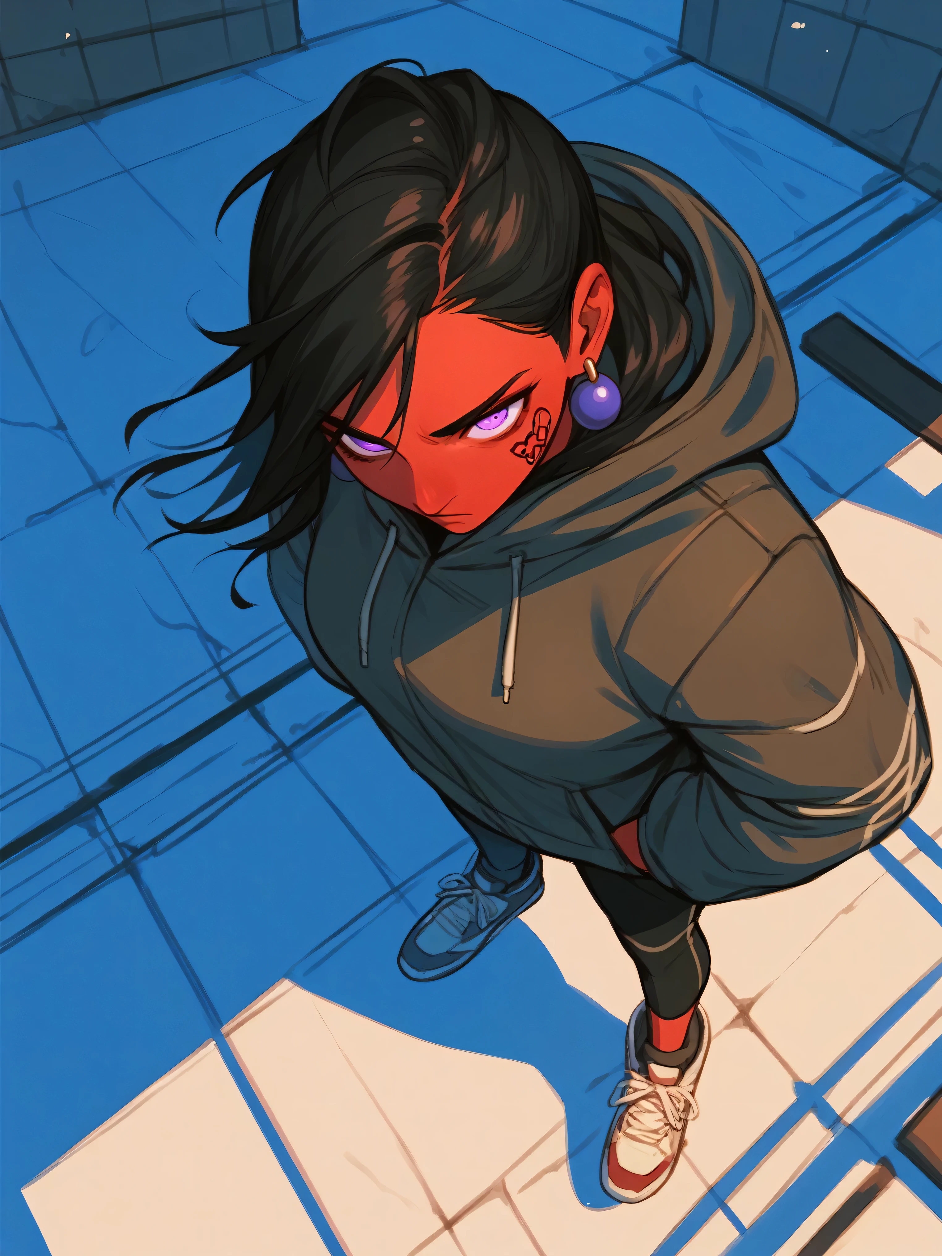 A high-angle, she has shining eyes-style sketch of a young woman with red skin, black hair, and purple eyes. She is putting on streetwear Nike winter clothing, with a strong, muscular build. The woman is tall, has earrings, and is covered in street tattoos. She walks downtown, and the scene captures her from above in motion. with a modern vibe that matches her edgy appearance. The sketch emphasizes bold lines and the gritty, dynamic energy,bright eyes, smiled 