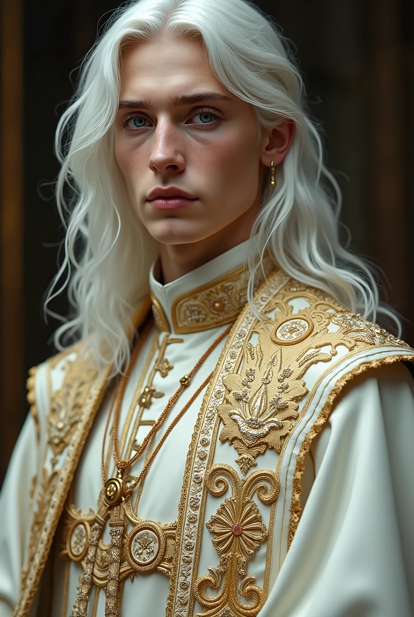 A close up of a person wearing a gold and white outfit - SeaArt AI