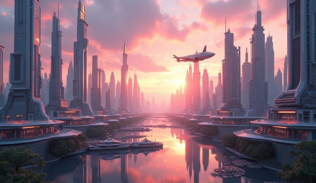 there are two pictures of a city with a plane flying over it, a matte painting inspired by Johfra Bosschart, cg society contest winner, futurism, futuristic utopian fantasy, sci-fi fantasy wallpaper, sci-fi fantasy desktop wallpaper, futuristic city backgrond, futuristic utopian metropolis, futuristic utopian city, symmetric matte painting, composition of and futuristic