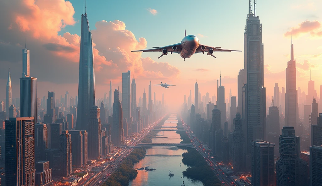 there are two pictures of a city with a plane flying over it, a matte painting inspired by Johfra Bosschart, cg society contest winner, futurism, futuristic utopian fantasy, sci-fi fantasy wallpaper, sci-fi fantasy desktop wallpaper, futuristic city backgrond, futuristic utopian metropolis, futuristic utopian city, symmetric matte painting, composition of and futuristic