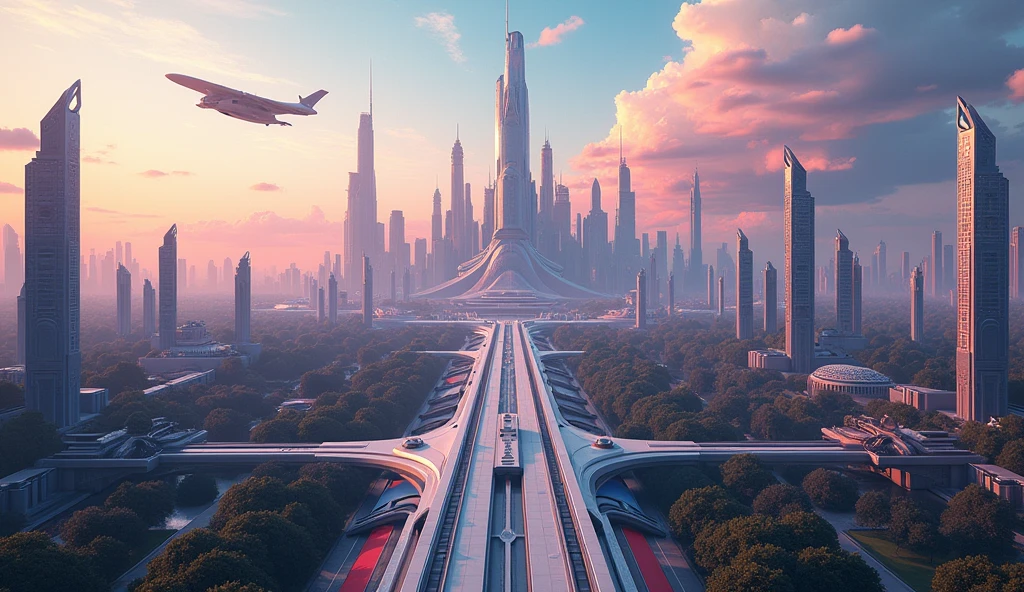 there are two pictures of a city with a plane flying over it, a matte painting inspired by Johfra Bosschart, cg society contest winner, futurism, futuristic utopian fantasy, sci-fi fantasy wallpaper, sci-fi fantasy desktop wallpaper, futuristic city backgrond, futuristic utopian metropolis, futuristic utopian city, symmetric matte painting, composition of and futuristic