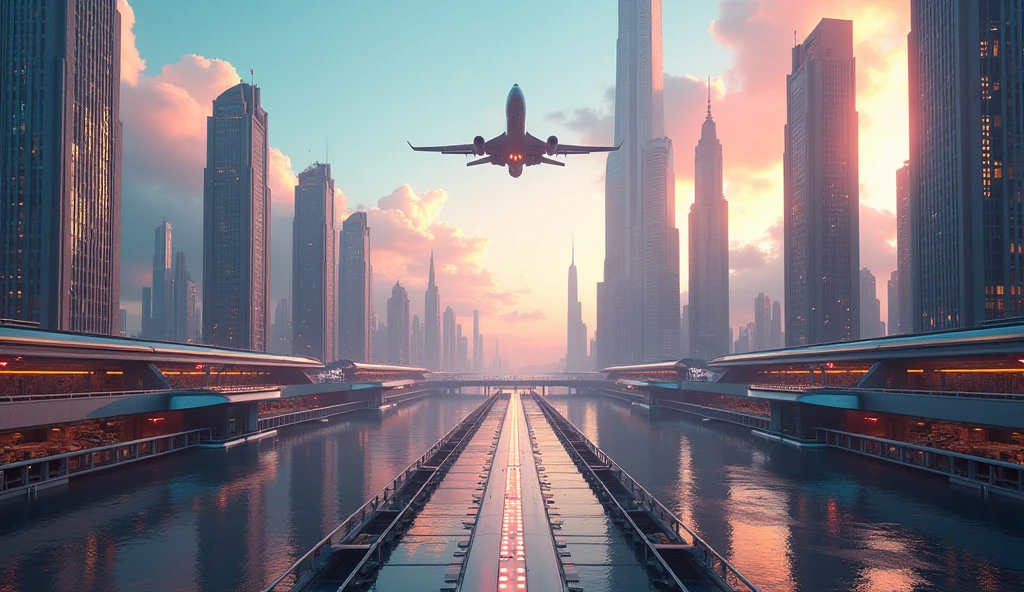 there are two pictures of a city with a plane flying over it, a matte painting inspired by Johfra Bosschart, cg society contest winner, futurism, futuristic utopian fantasy, sci-fi fantasy wallpaper, sci-fi fantasy desktop wallpaper, futuristic city backgrond, futuristic utopian metropolis, futuristic utopian city, symmetric matte painting, composition of and futuristic