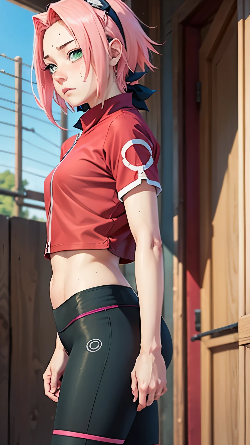 Sakura from Naruto with a big ass, in a pair of tight black shorts, with ties all over his torso, in a submissive pose. 