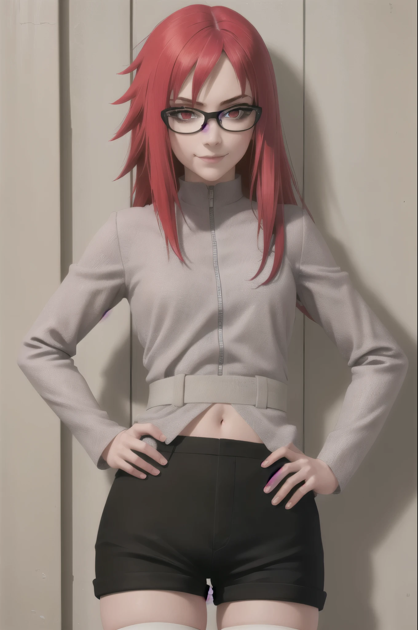 masterpiece, best quality, solo, 1girl, karinuzumaki, smirk, looking at viewer, hand on hip, glasses, short cowgirl jacket, long sleeves, shorts jrans, thighhighs