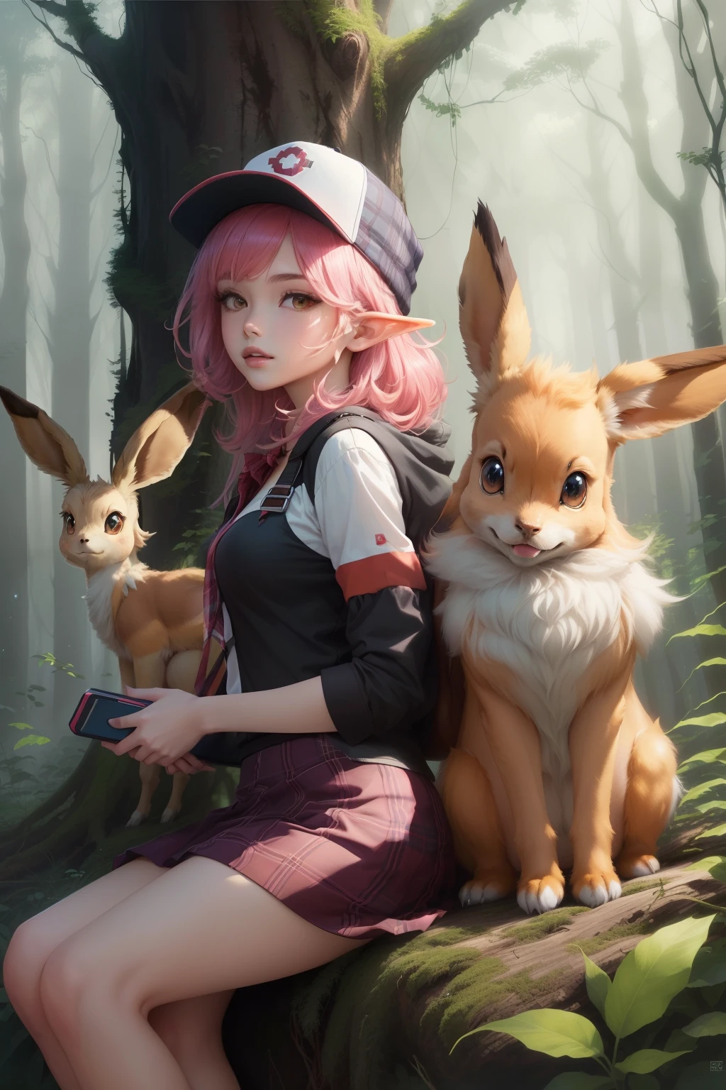 Pokemon is sitting in the woods,Holding a Pokemon toy in hand, pikachu in a forest, Illustration Pokemon, ((an eevee in a forest)), Elf art style, anime lush john 8k woods, pokemon trainer, Wild Pokémon, Elf anime style, ((1girl)), High-quality fanart, Official Art, Detailed fan art, Available for Pokemon Red and Blue, Anime pictures, high detailed Official Artwork, ((plaid skirt))