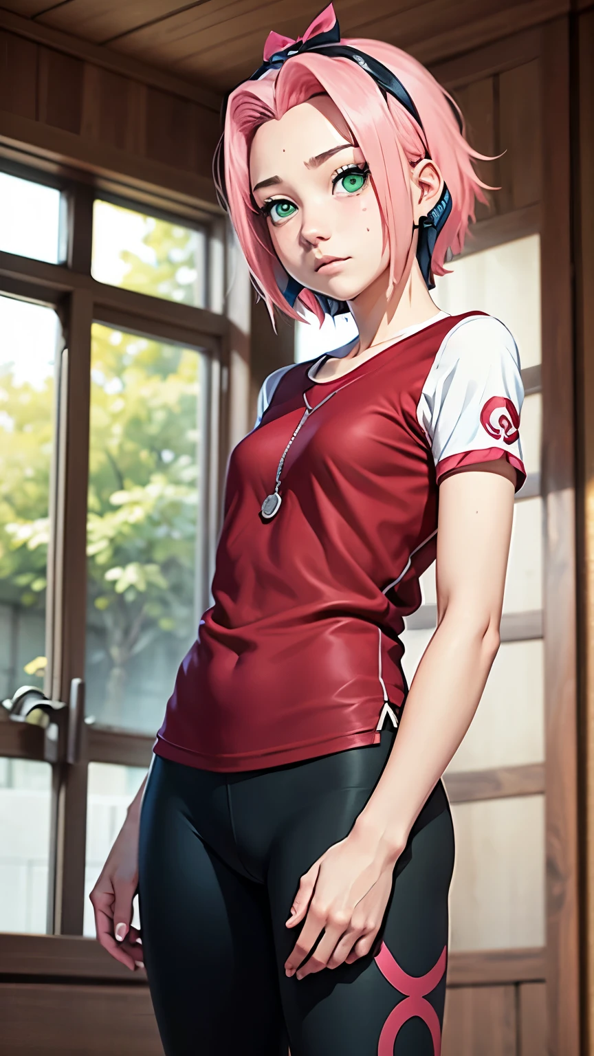 ((Best quality)), ((masterpiece)), ((details)), no background image, The image background is plain white, there is no background, perfect body, perfect face, sakura haruno, standing, looking at viewer, 1girl, solo, short hair, pink hair, green eyes, hands clenched into fists, black gloves, both hands clasped, open clothed, open wear, open the dressed, qipao dress red colour with round white mark in the middle clothes, open dress, seen underwear, black underwear, tight shortpants, transparent shortpant, seen pussy, detail, white thigh tie on right thigh, black high boot, black high knee sock, realistic, ultra high image quality, 8k, 8k wallpaper, 70mm lens camera.