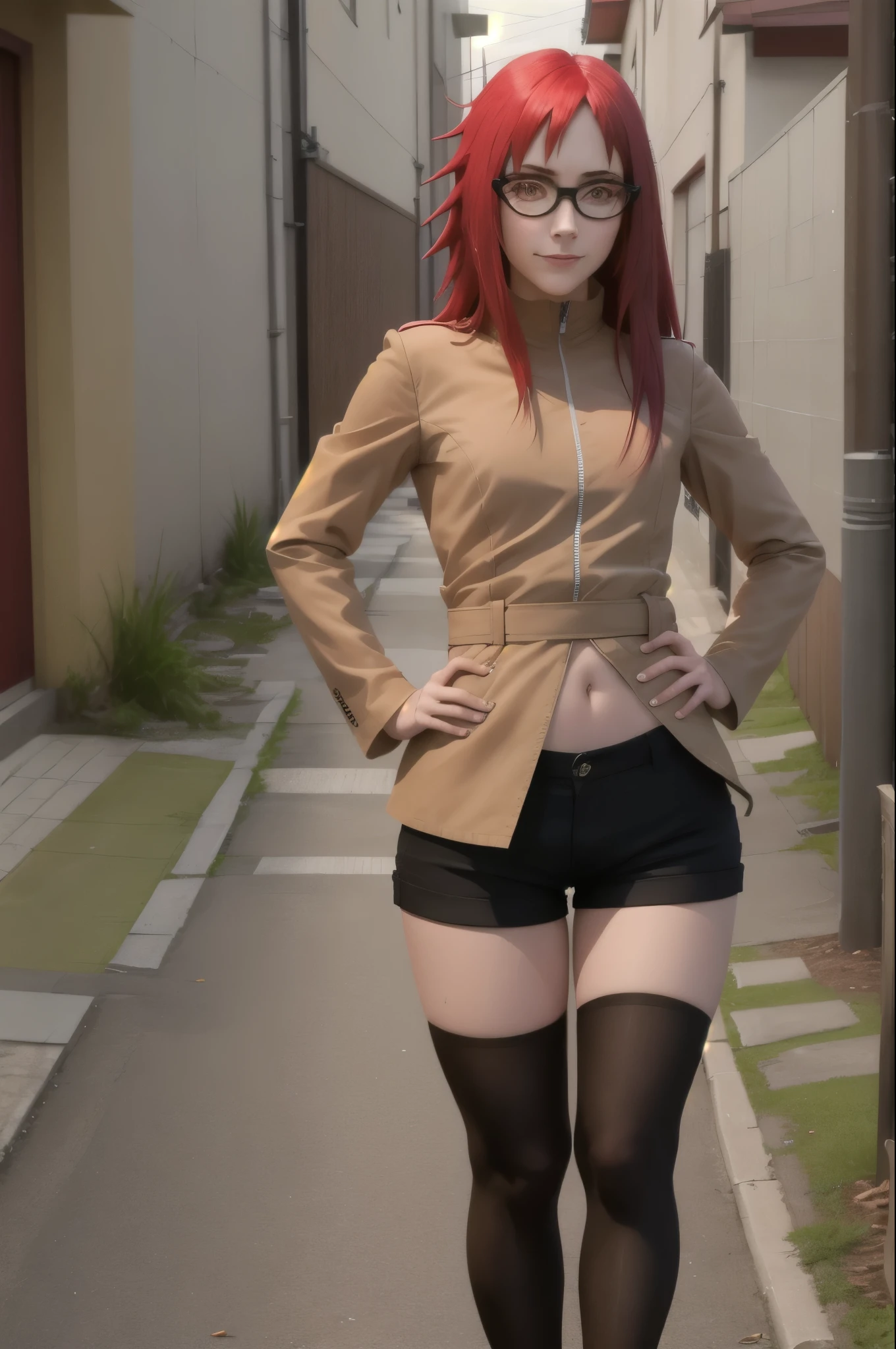 masterpiece, best quality, solo, 1girl, karinuzumaki, smirk, looking at viewer, hand on hip, glasses, short cowgirl jacket, long sleeves, shorts jrans, thighhighs