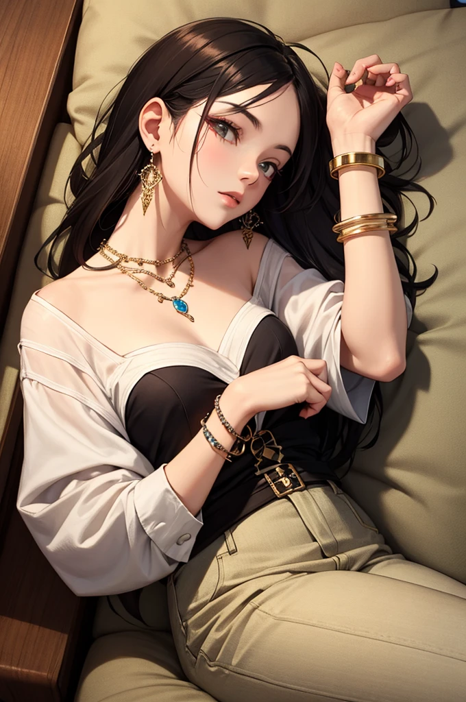 Open chest、cardigan、Laughter、room、8k、Delicate face、Detailed face、Simple Background,Long straight hair_Hair reaching down to the waist、gold necklace_Large earrings、White long sleeve button up blouse_With collar_Remove up to the second button_Brown pleated mini skirt、Place your left hand gently on your chin,right hand holding、full figure supermodel standing, entire body in frame,((Lying in a luxurious hotel bed:1.3)),