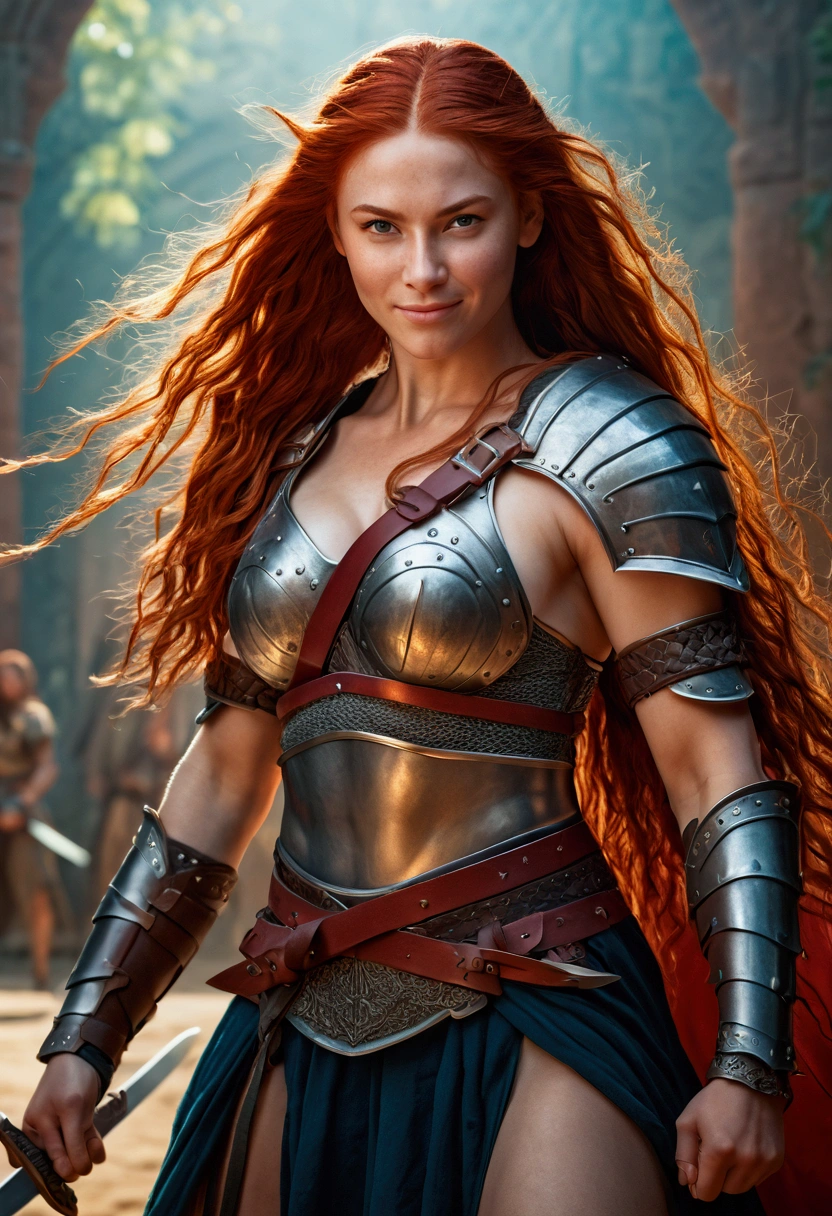 stunning detailed portrait of a strong female warrior, 1girl, huge breasts, red long hair, very long hair, holding two swords with both hands, smiling, full body view, masterpiece, highly detailed,highly detailed face, hyper realistic, vibrant colors, dramatic lighting, cinematic, epic fantasy
