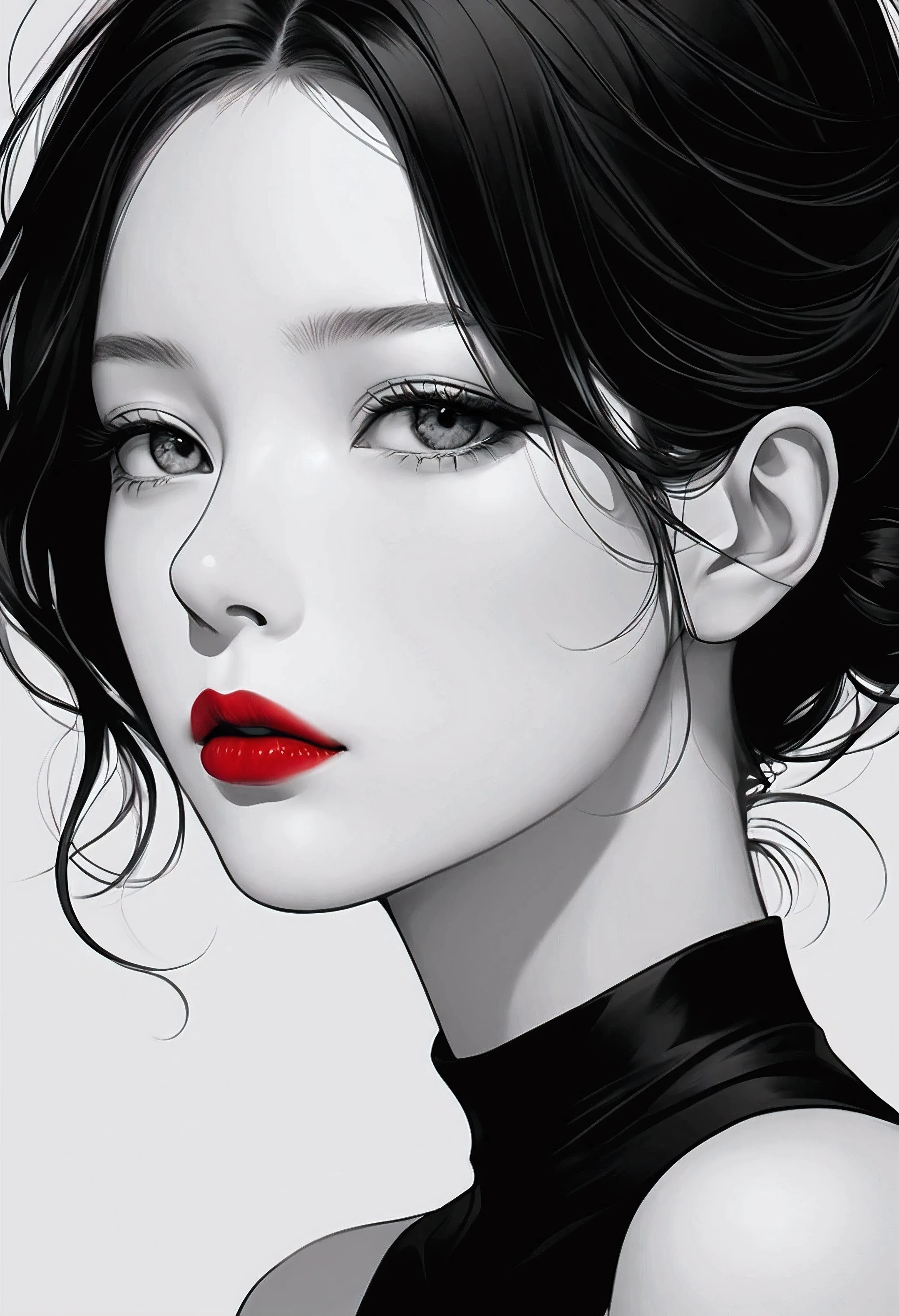 A woman with a red lipstick and black dress is looking at the camera ...
