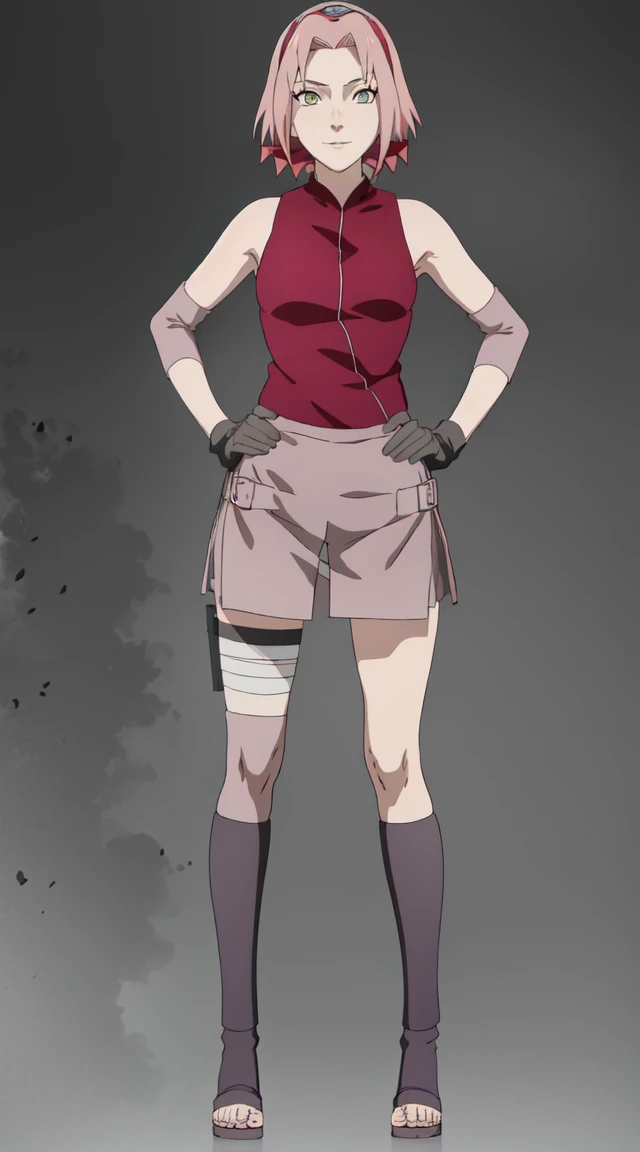 nsfw, hentai movie, masterpiece, best quality, 1girl,haruno sakura, pink hair, short hair, green eyes, pussy, black gloves, hairband, sleeveless, toeless footwear, bandages, hands on hips, full body, looking at viewer, standing, smile, solo, (simple background , solid grey background), skirt lift, pussy