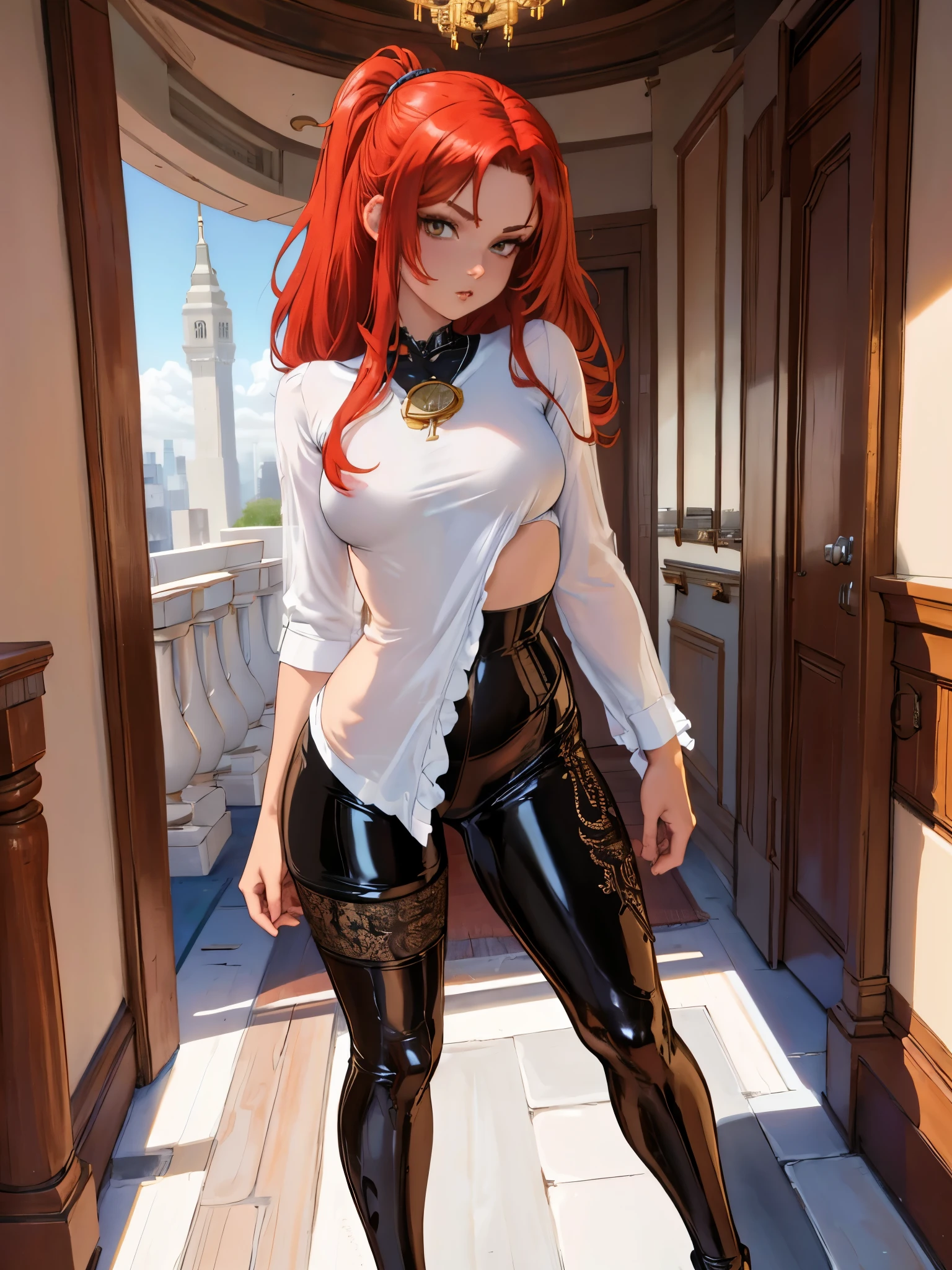 2d, masterpiece, best quality, anime, highly detailed face, highly detailed eyes, highly detailed background, perfect lighting, 1girl, solo, full body, standing, latex legwear, white shirt, red hair, amulet 