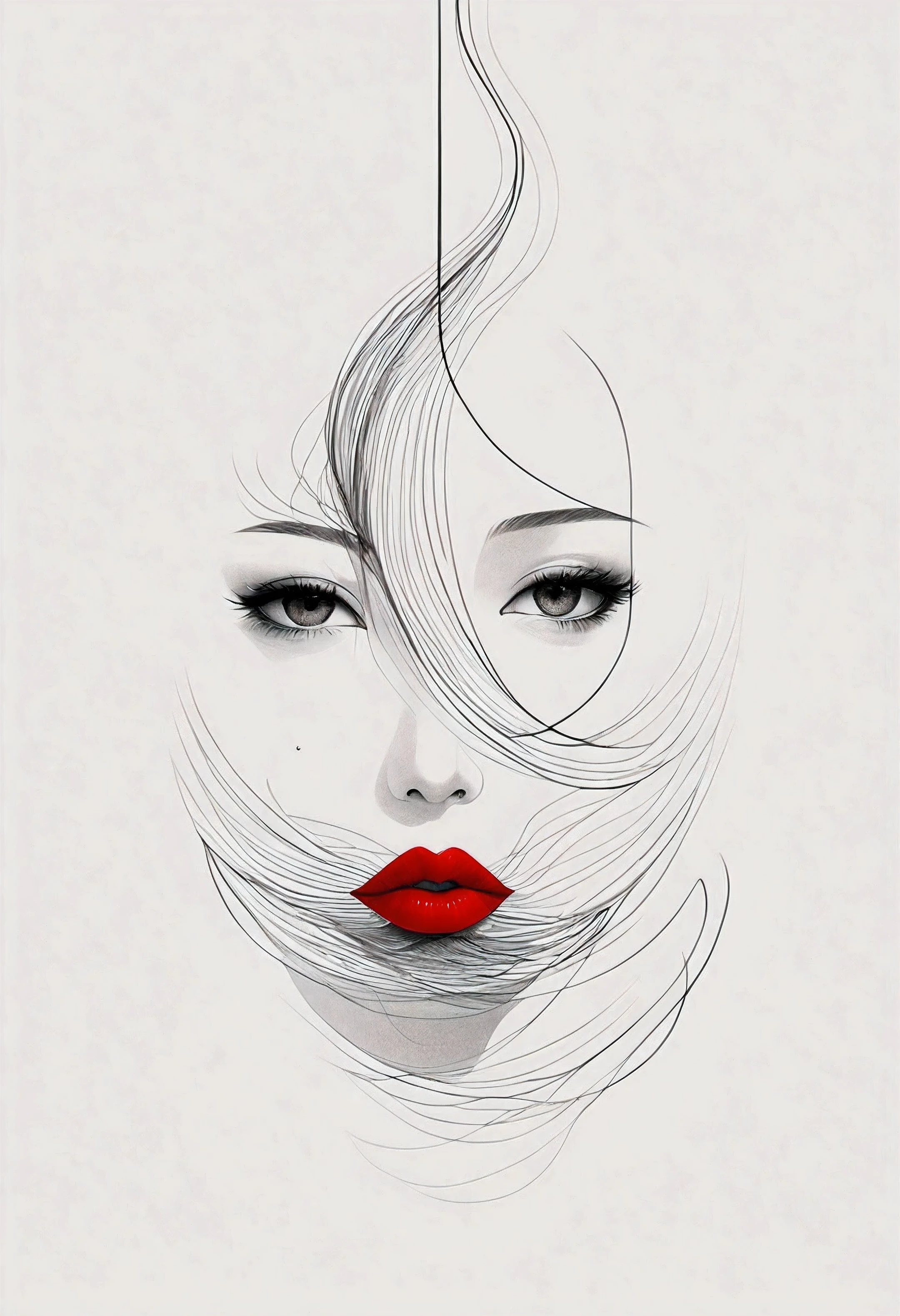 master piece:1.5、(minimal art, line drawing), woman、Black and white art:1.2、lips are red、Black and white world、silence、An ennui look、Densely drawn