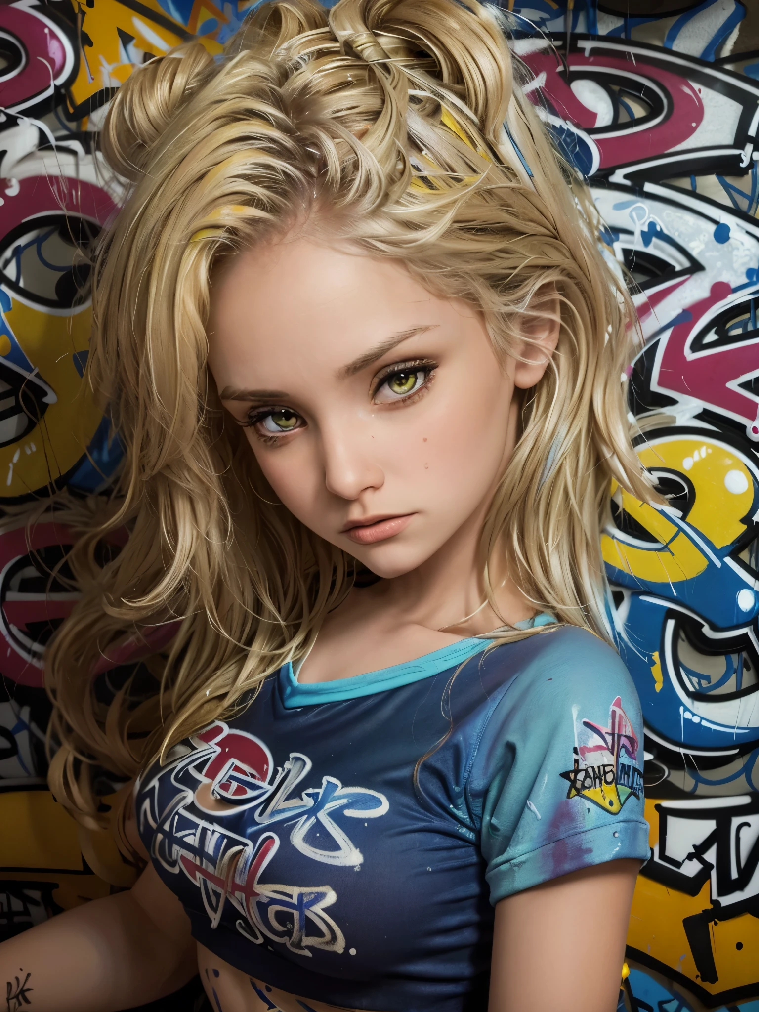 (best quality), masterpiece, extremely detailed CG uniform 8K illustration, high color, extremely high color saturation, all colors deepened, paint, graffiti art, center composition, extremely detailed light and shadow, graffiti wall, wall painted bright, 1 girl graffiti 1 girl looking at the wall, extremely detailed face and eyes, medium length hair, sportswear, colored clouds