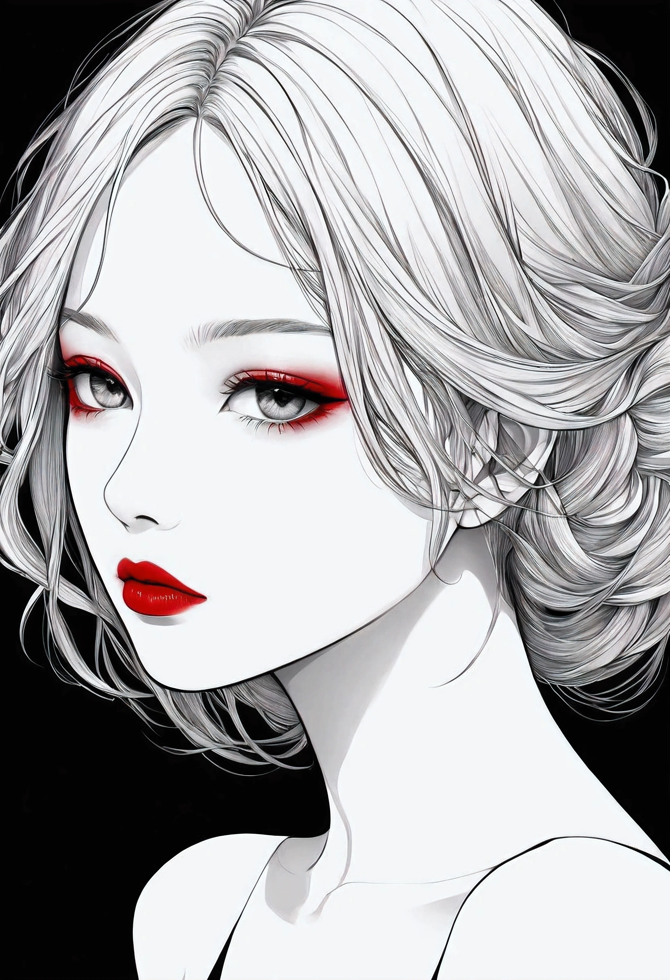 A drawing of a woman with red eyes and a black background - SeaArt AI