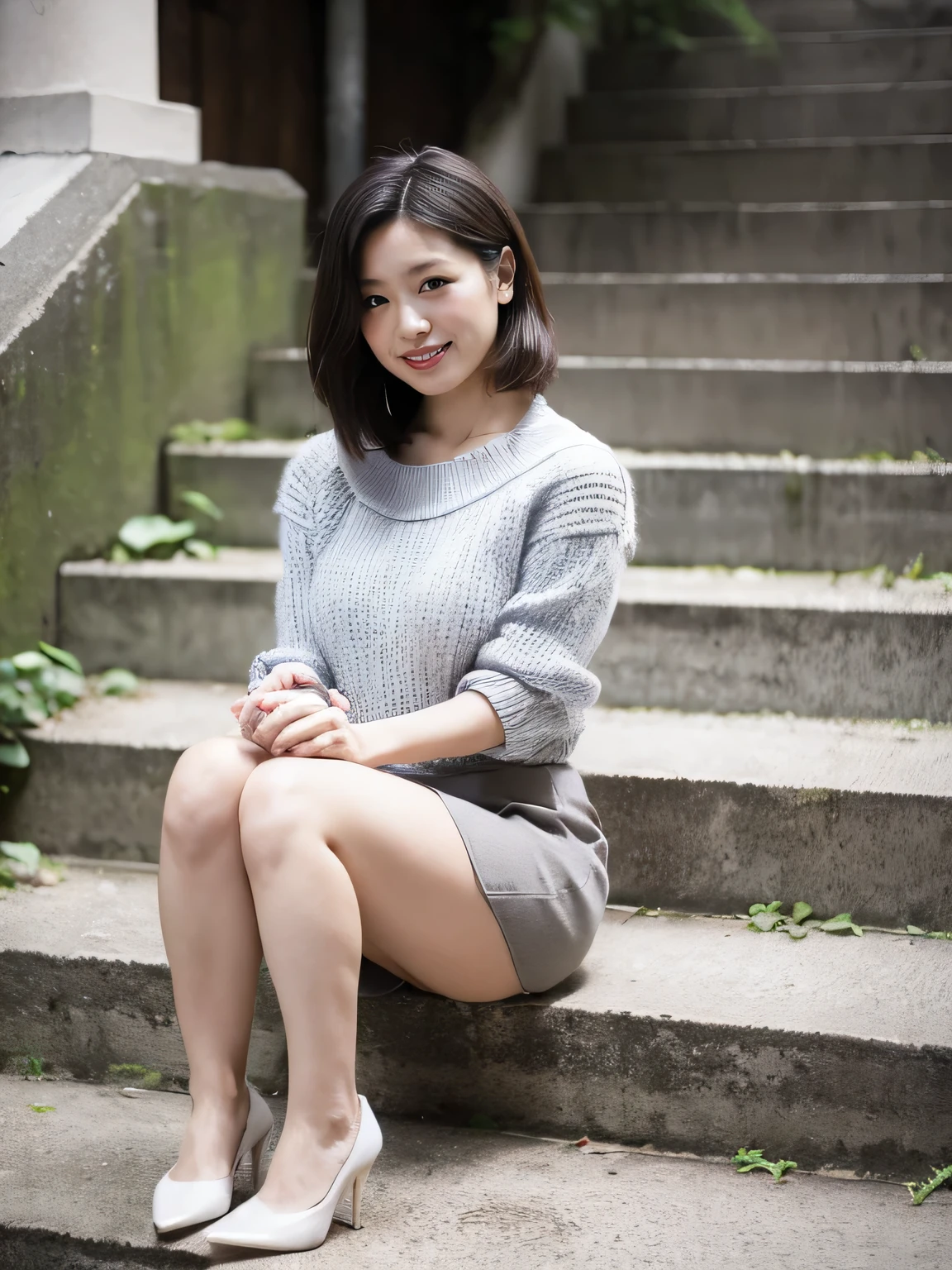Best Quality、8k、masterpiece、Realistic, Sharp focus, High resolution, High resolution, One Girl, Alone, Japanese, Beautiful woman,((Sitting on concrete steps)),Short-sleeved knitwear that shows off your chest, mini skirt、High heels、Attractive body,Photograph the whole body,smile,
