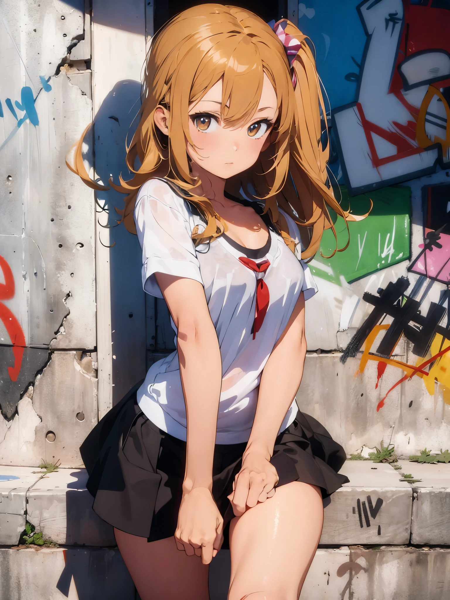 Anime girl in short skirt posing in front of graffiti wall - SeaArt AI