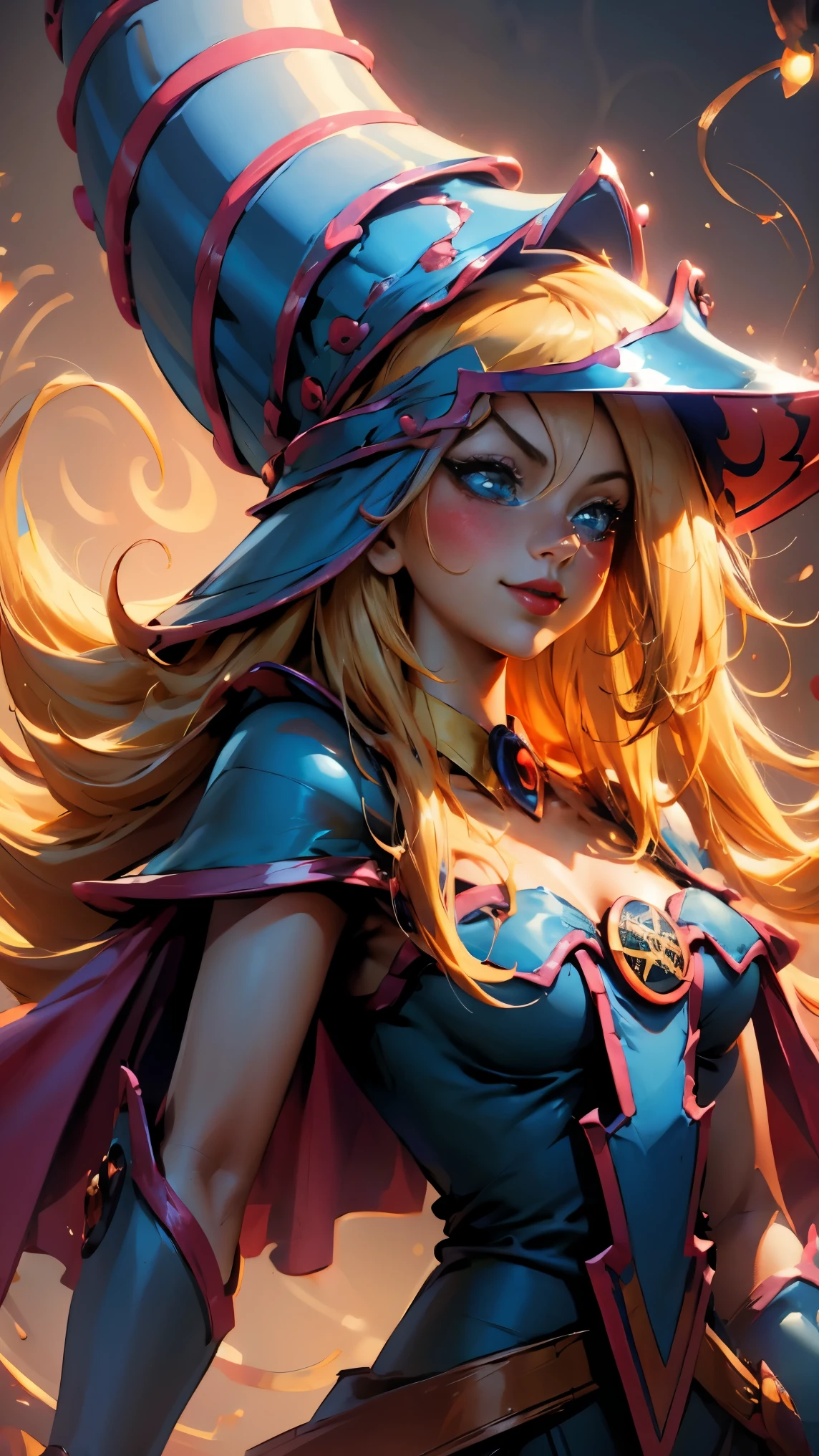 Dark magician gils coming out of a playing card. Half body shot. She comes out from the center of the queen of hearts card.. Long blonde hair. blue eyes. red lips. Big eyelashes. Blush on the cheek. Stand up. smile. Playing card background.