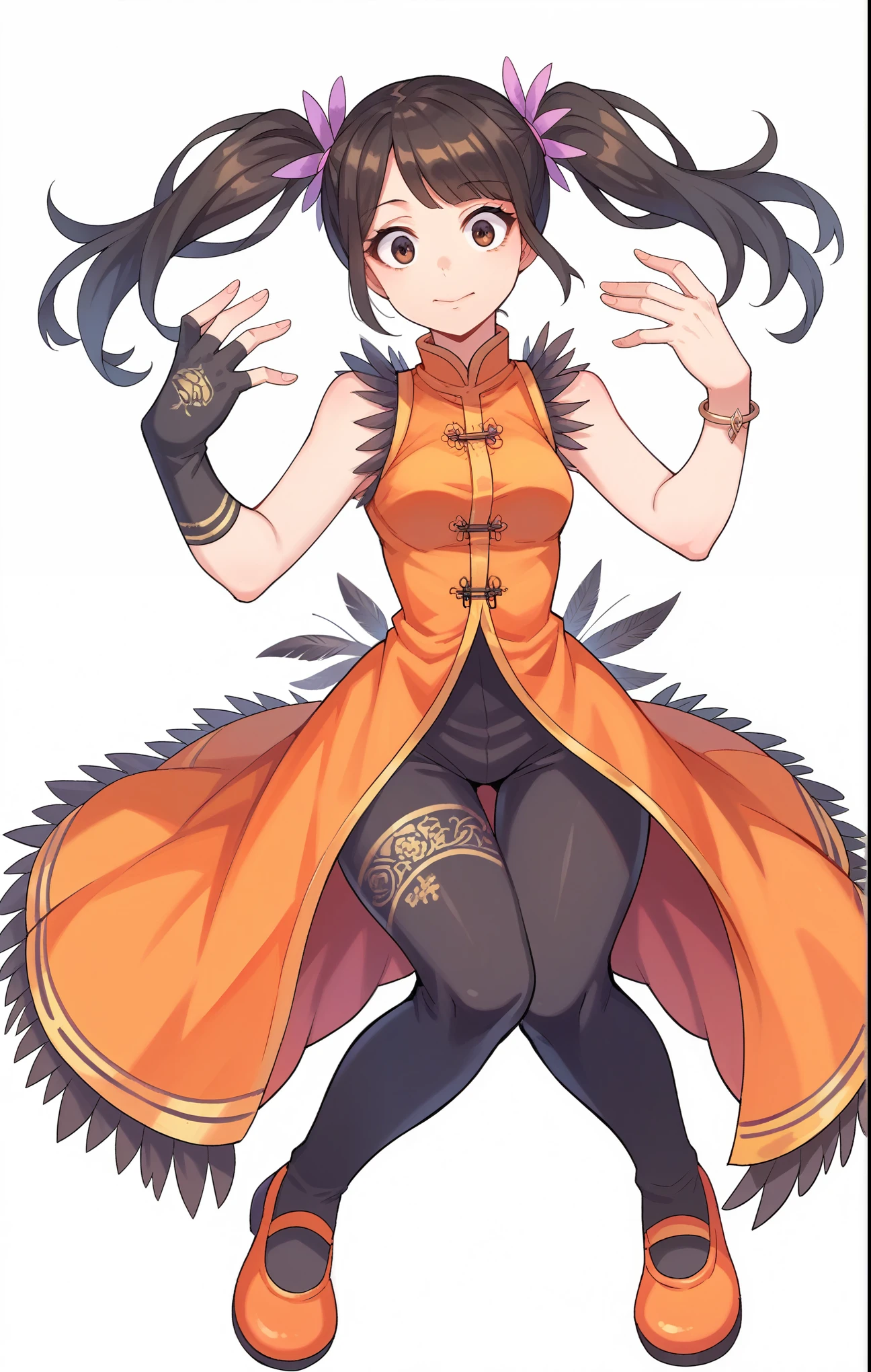 lingxiaoyu, ling xiaoyu,black gloves, bracelet, chinese clothes, feather trim, fingerless gloves, gloves, mary janes, orange footwear, shoes, single glove, sleeveless, dress, orange dress, (insanely detailed, beautiful detailed face, masterpiece, best quality),(perfect hands, perfect anatomy),