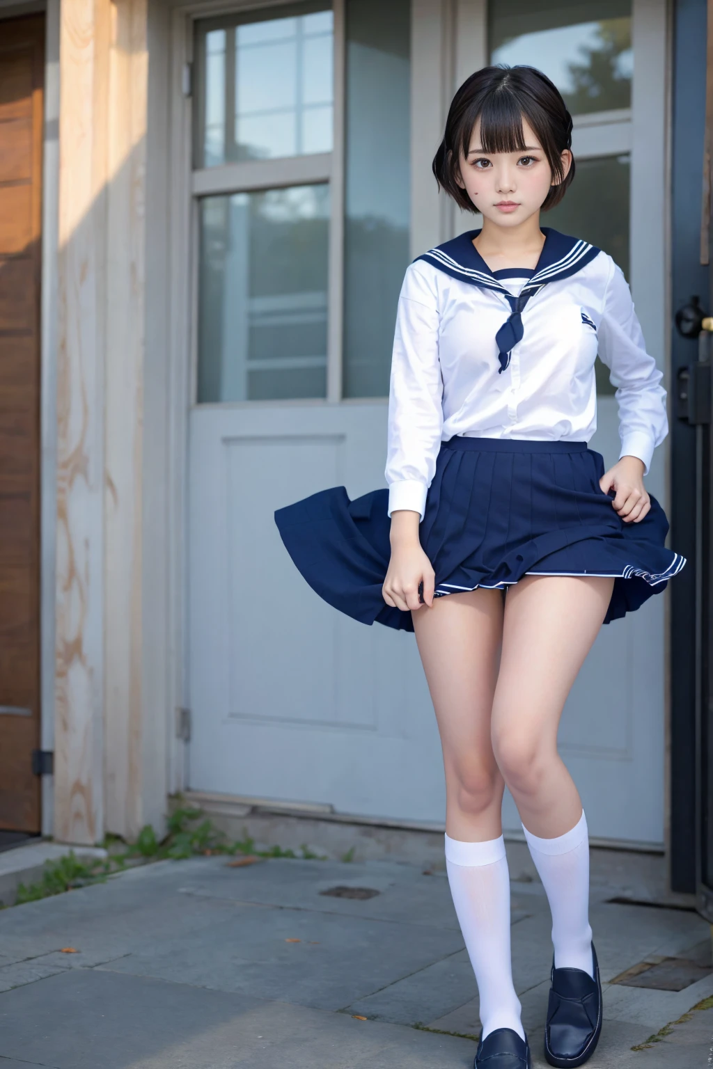 1 girl, imouto, pixie hair, sailor colla, pleated skirt, loafers, Japanese highschool uniform, 