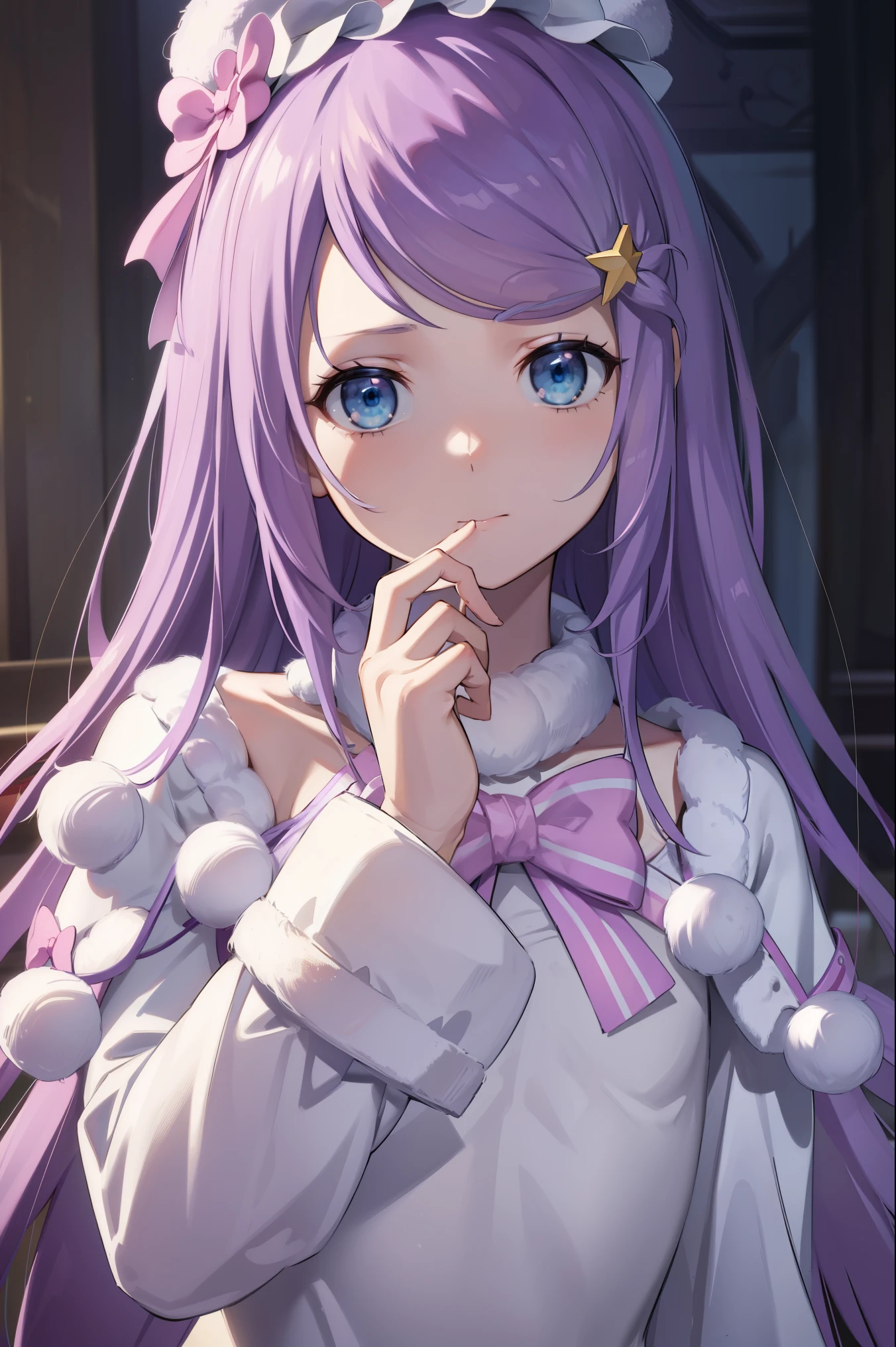 Anastasia Hoshin, Anastasia Hoshin, Long Hair, blue eyes, Purple Hair, bangs,
break hair ornament, Long sleeve, Have, dress, bow, star \(symbol\), white dress, Fur trim, White headdress, pink bow, Pom-pom \(Clothes\), star hair ornament,
break looking at viewer, whole body,
break indoors,
break (masterpiece:1.2), Best Quality, High resolution, unity 8k wallpaper, (Illustration:0.8), (Beautiful fine details:1.6), Highly detailed face, perfect lighting, Extremely detailed CG, (Perfect hands, perfect anatomy),