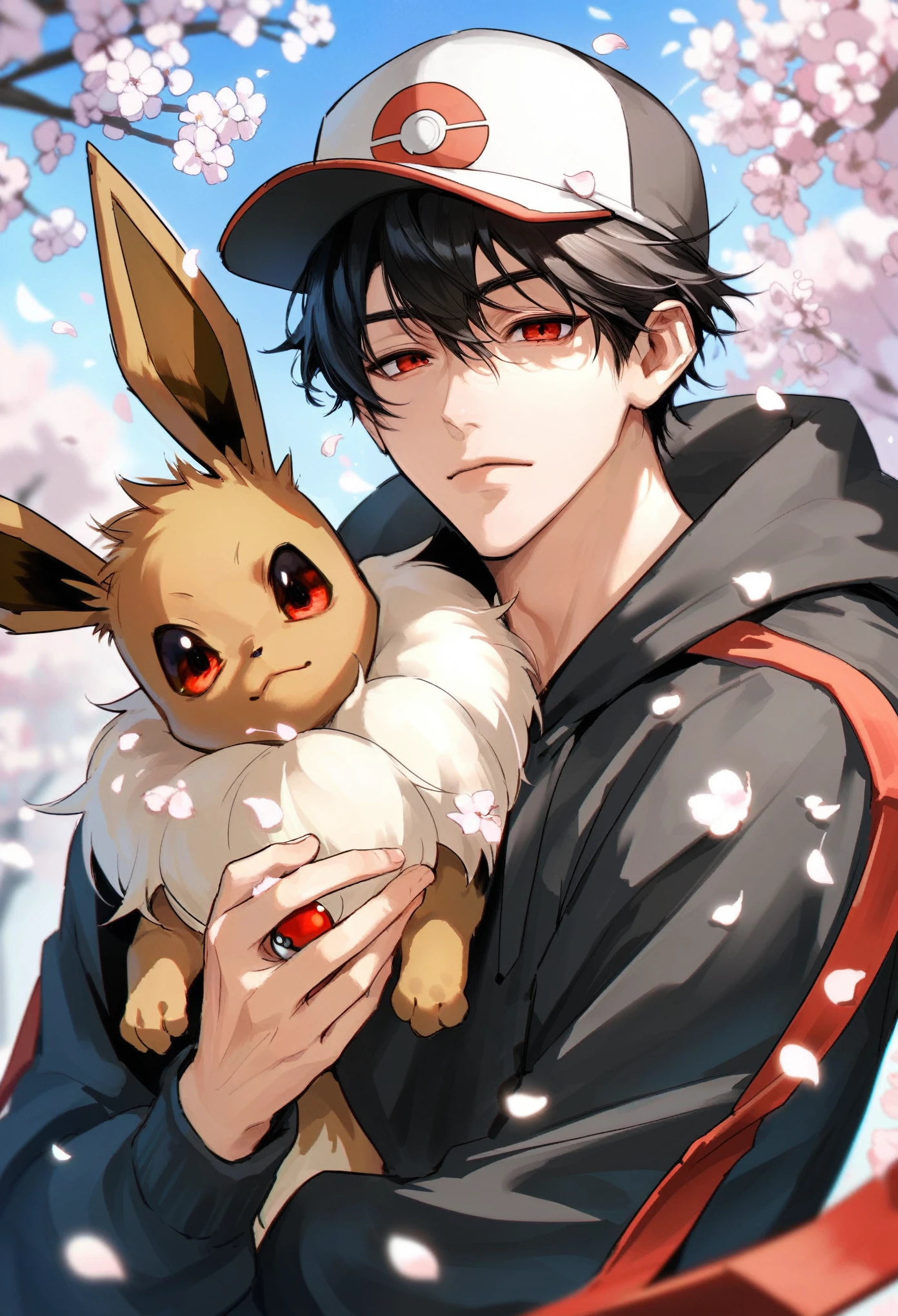 muksal,1boy, 1pokemon, red eyes,black hair,black Pokémon cap,closed mouth,expressive eyes,looking at viewer,cherry blossom petals,solo,bangs,handsome,black Pokémon hoodie, score_9,score_8_up,score_7_up,source_anime, ((holding an eevee Pokémon)), ((human boy))