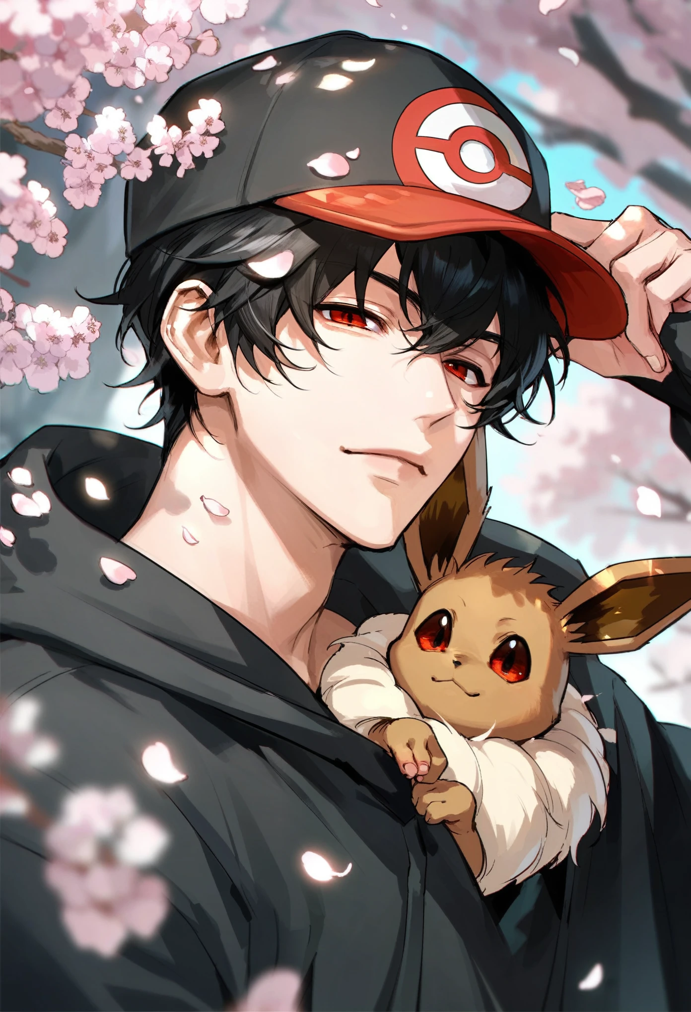 muksal,1boy, 1pokemon, red eyes,black hair,black Pokémon cap,closed mouth,expressive eyes,looking at viewer,cherry blossom petals,solo,bangs,handsome,black Pokémon hoodie, score_9,score_8_up,score_7_up,source_anime, ((holding an eevee Pokémon)), ((human boy))