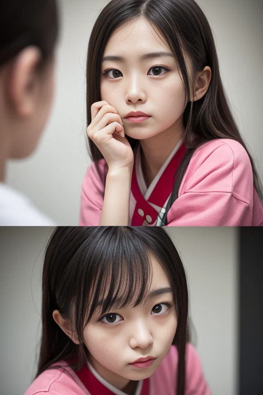 An ultra-high picture quality、Perfect Photo、16-year-old beautiful girl、Japan beautiful girl、Junior high school girls、light skinned、slender、Black Haired Beautiful Girl、cute little、Beautuful Women、((hair tying action))、((reflect in the mirror))、(tiny chest)、With bangs、((It hurts a lot))、(hate)、(Painful)、(resist)、(half-opened mouth)、(Resist fiercely)、terrifying、sports hair、Straight hair、glares、semi long hair、
