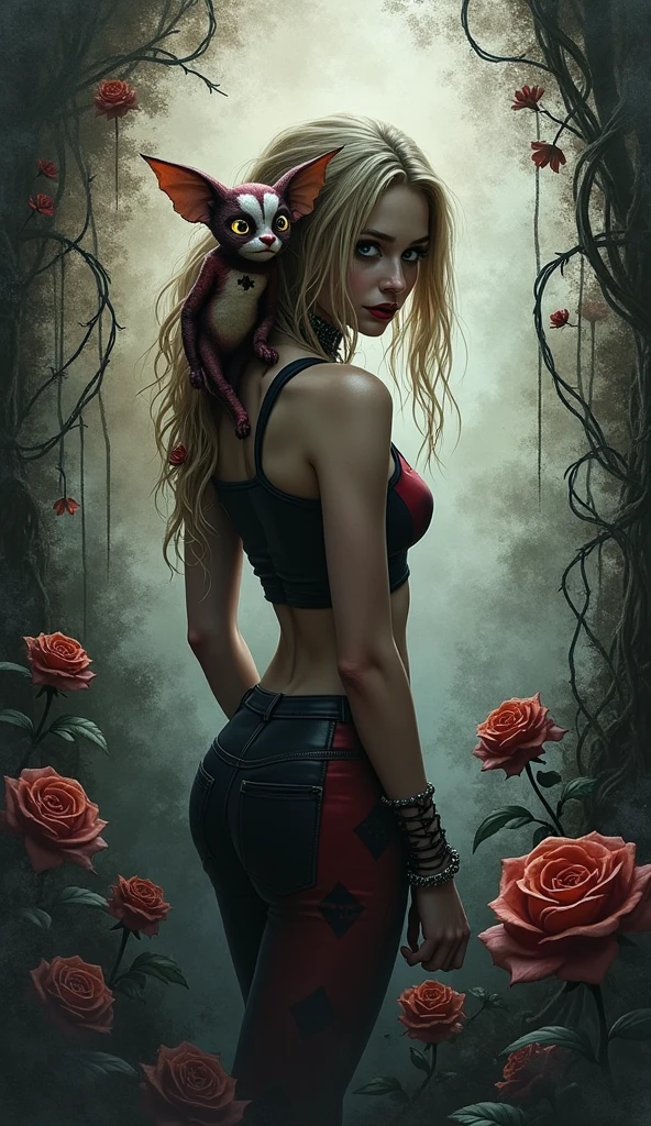 ((masterpiece)), (best quality) photorealistic ,fantasy, beautiful woman, good mood, topless ,beautiful round breasts, large breasts, dress-corset ,micro panties ,show your neck, bare shoulders ,show navel,exposed camel toe, Plum blossom tattoo on butt ,big eyes, long, thick eyelashes, plump lips, dark red eyes, blond hair long and thick, high ponytail, Intricate designs and patterns in the style of Alphonse Mucha ,Art Nouveau water color painting flowery dim light background