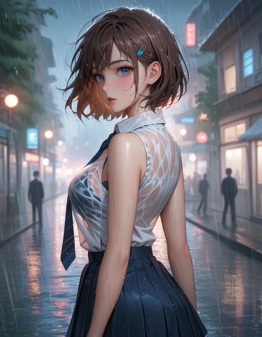 masterpiece, best quality, highly detailed background, 1girl, skirt, wet clothes, wet, solo, rain, blue eyes, outdoors, looking at viewer, pleated skirt, shirt, short hair, brown hair, hair ornament, hairclip, sleeveless, see-through, looking back, parted lips, blue skirt, blurry, bangs, wet shirt, bob cut, necktie, white shirt, breasts, night, bare shoulders, blurry background, from behind, shirt tucked in, blue necktie, bra, water, standing, collared shirt, cowboy shot, sleeveless shirt, medium breasts, school uniform, underwear, bare arms, wet hair, depth of field, arms at sides, cityscape,
