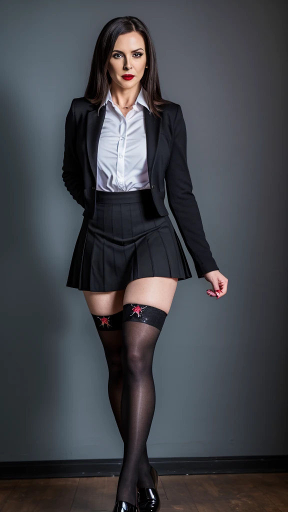 a beautiful mature woman, demonic, school girl skirt, dark stockings, black shoes, full length, extremely sexy, (best quality,4k,8k,highres,masterpiece:1.2),ultra-detailed,(realistic,photorealistic,photo-realistic:1.37),HDR,UHD,studio lighting,ultra-fine painting,sharp focus,physically-based rendering,extreme detail description,professional,vivid colors,bokeh,dark fantasy,dramatic lighting,chiaroscuro,moody,dramatic