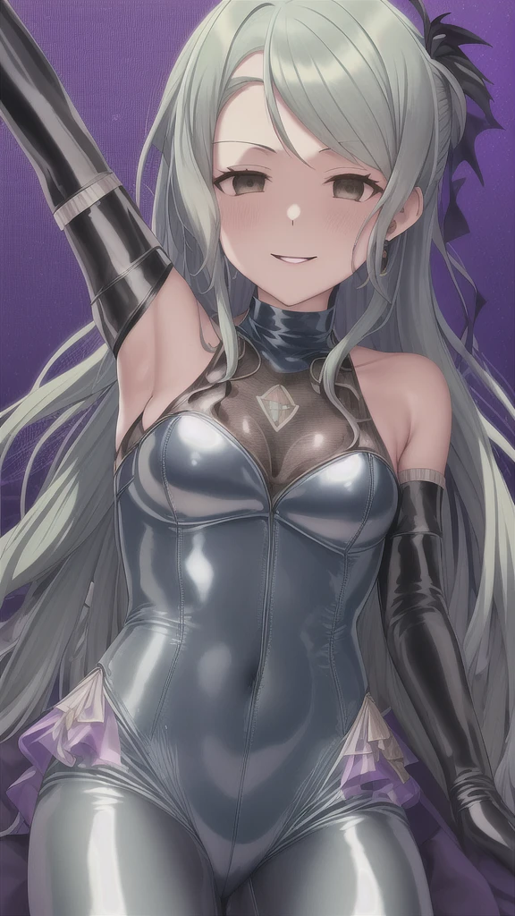  Erotic、Sayo Hikawa、Light green hair、Small breasts, Alone, Navy blue latex rubber suit turtleneck purple evil background、 Best Quality, Detailed face, Detailed eyes, High resolution,、Evil female executive、smile、Sexy pose、Fallen into evil、Fall into Darkness、Dark Side、lure、Estrus