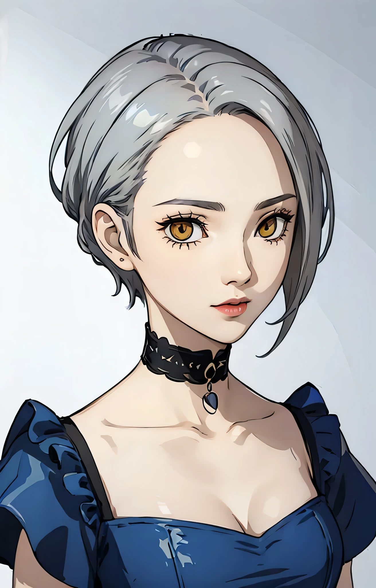 1 girl, shorts hair, gray hair, yellow eyes, lipstick, blue dress, forehead, face portrait, choker, blue phtalo goth dress, white background,