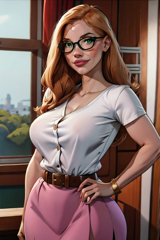 Jessica Chastain, Slim athletic woman, age 25, 8k (High definition), beautiful smile, seducing gaze, greeneyes, teacher wearing a pink t-shirt ((boat neckline and button closure), round glasses, brown belt with a black schoolgirl skirt, Caucasian skin, long straight blonde hair ((with ponytail)), standing ((upper body)), curvy with freckles on her chest and neck, big round breasts. High-quality Marvel style, white background.