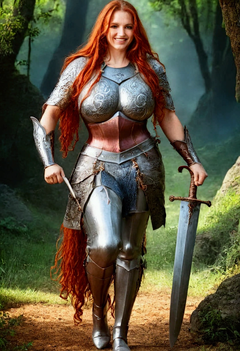 stunning detailed portrait of a strong female warrior, 1girl, huge breasts, red long hair, very long hair, holding two swords with both hands, smiling, full body view, masterpiece, highly detailed,highly detailed face, hyper realistic, vibrant colors, dramatic lighting, cinematic, epic fantasy
