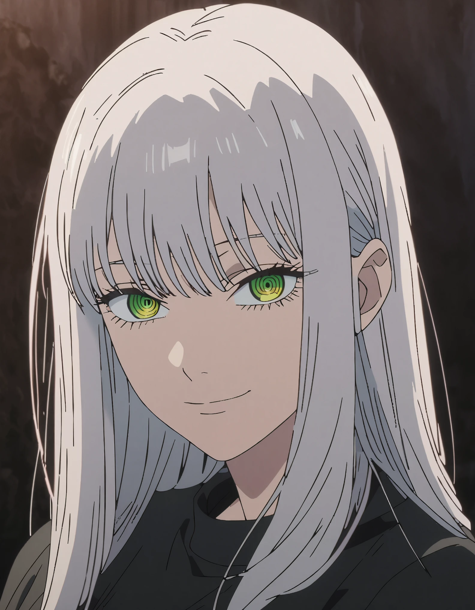 1girl, Makima, Makima from Chainsaw Man, Chinsaw man anime screencap, anime screencap solo, ((long_Silver hair)) hair strands, Green Ringed Eyes, smiling, looking_at_viewer, gradient background, white_hair, bangs, eyelashes, portrait, black_shirt, shirt, hair_between_eyes, (ponyail), head and shoulders in frame, upper body, depth of field