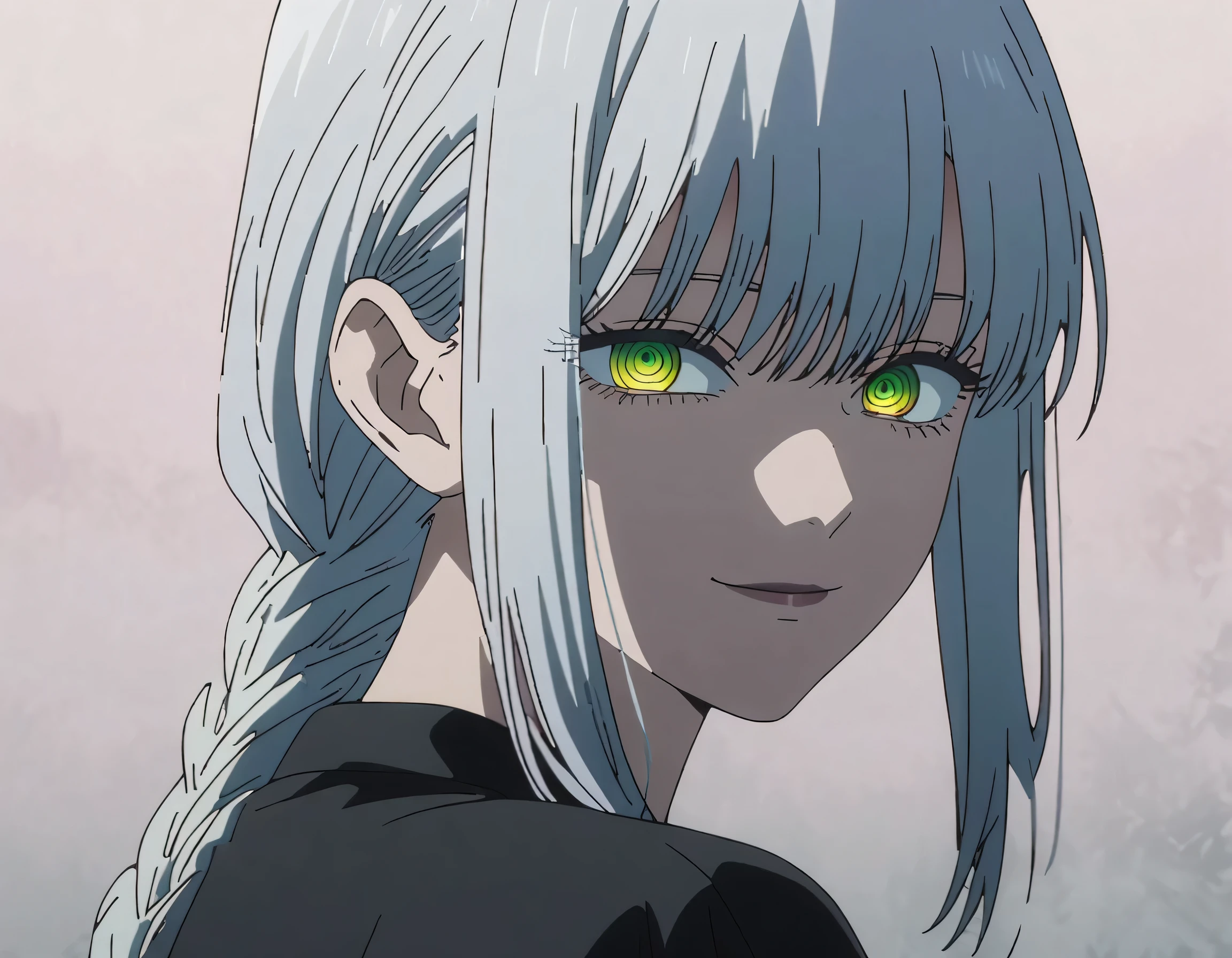 1girl, Makima, Makima from Chainsaw Man, Chinsaw man anime screencap, anime screencap solo, ((long_Silver hair)) hair strands, Green Ringed Eyes, smiling, looking_at_viewer, gradient background, white_hair, bangs, eyelashes, portrait, black_shirt, shirt, hair_between_eyes, (ponyail), head and shoulders in frame, upper body