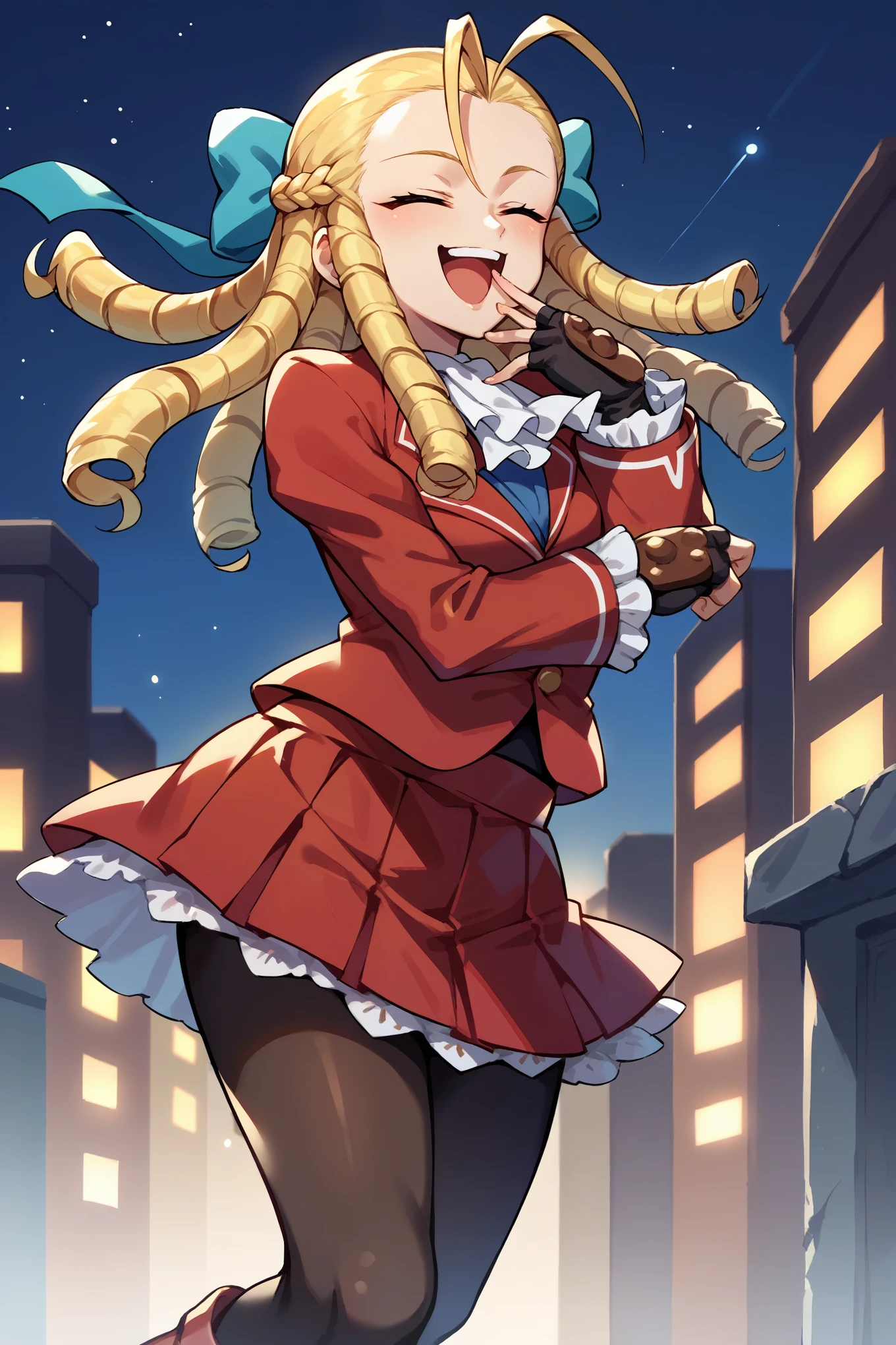 score_9, score_8_up, score_7_up, score_6_up, source_anime, BREAK 1girl, solo sfkarin, blonde hair, drill hair, hair bow, white ascot, red jacket, long sleeves, red skirt, frilled skirt, pantyhose, fingerless gloves, laughing, smug, closed eyes, hand to mouth, standing, red boots, city, night sky, night, ojou-sama pose, head thrown back