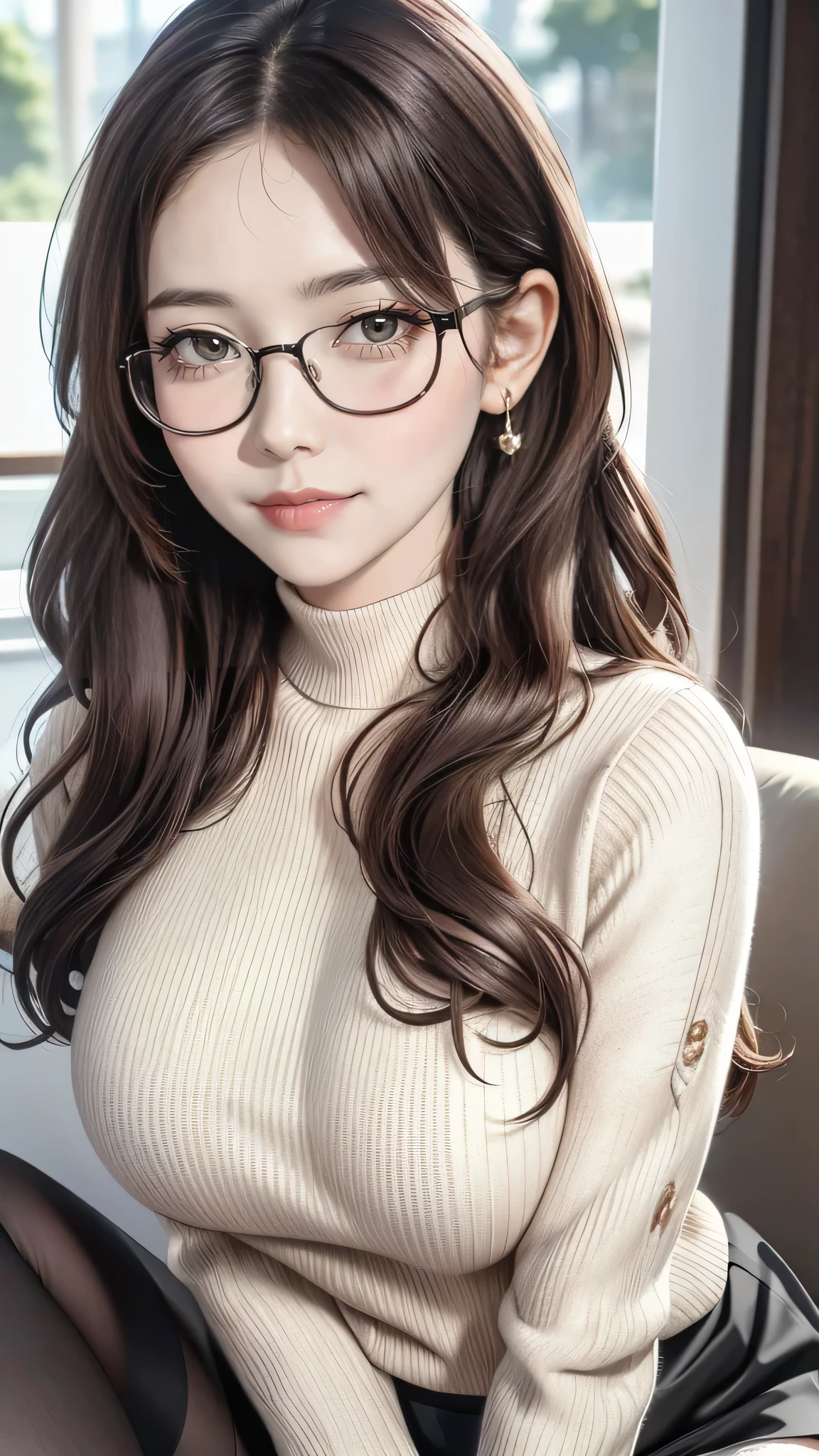 (NSFW:1.2), (8K, RAW photo, best image quality, masterpiece: 1.4), (Highly detailed CG Unity 8K wallpaper, highest quality, High resolution: 1.2), (ultra_be familiar with, UHD: 1.2), super highly be familiar with, (realistic, realistic: 1.48), 1 girl, focus only, light brown hair, long hair, side lock, bangs, ((dark purple eyes:1.4, round eyes, beautiful eyelashes)), clear eyes, brown sweater, Glasses, Big breasts, very big breasts, Dark brown skirt, thigh high stockings, shiny hair, beautiful be familiar with cold face, enchanting smile, Beautiful and delicate eyes with intricate details, very accurate details, skin dents, outdoor, grassland, perfect face, be familiar with顔, perfect body, beautiful eyes, beautiful face,face focus,(Portrait:1.5),