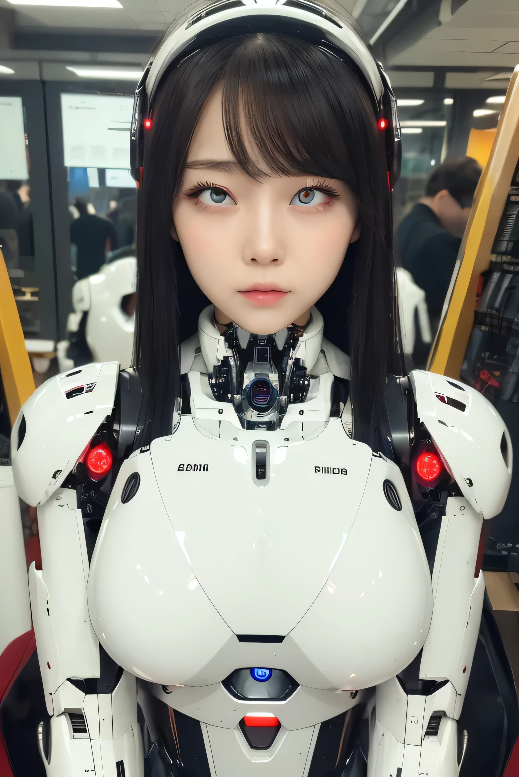 masterpiece, best quality, extremely detailed, Japaese android girl,portrait,Plump,a bit chubby,control panels,android,Droid,Mechanical Hand, Robot arms and legs, Black hair,Blunt bangs,perfect robot girl,long tube,thick cable connected her neck,android,robot,humanoid,cyborg,japanese cyborg girl ,robot-assembly plant,She is assembling now,assembly scene,glowing red eyes,rolling eyes,chest monitor,office-lady