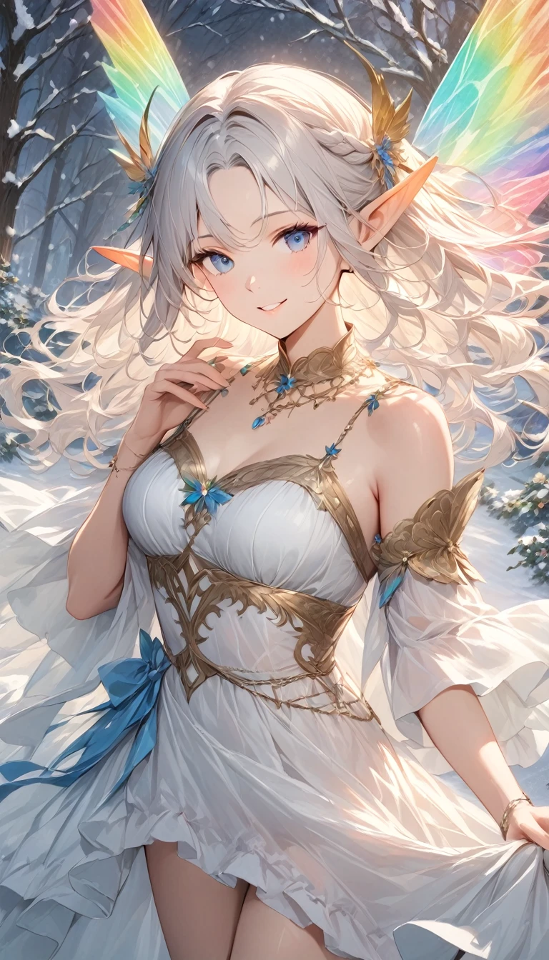 A ice elf (lovely woman, pale blue skin, deep blue hair and eyes, sheer reflective evening dress) acting alluring in a winter wonder land