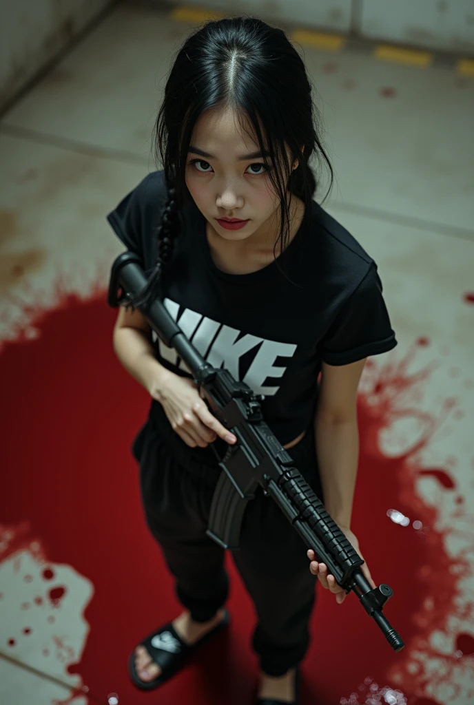 Realistic human woman, Bblack hair, japanese stripe, long straight hair, black jersey, hospice fund, blood in The face