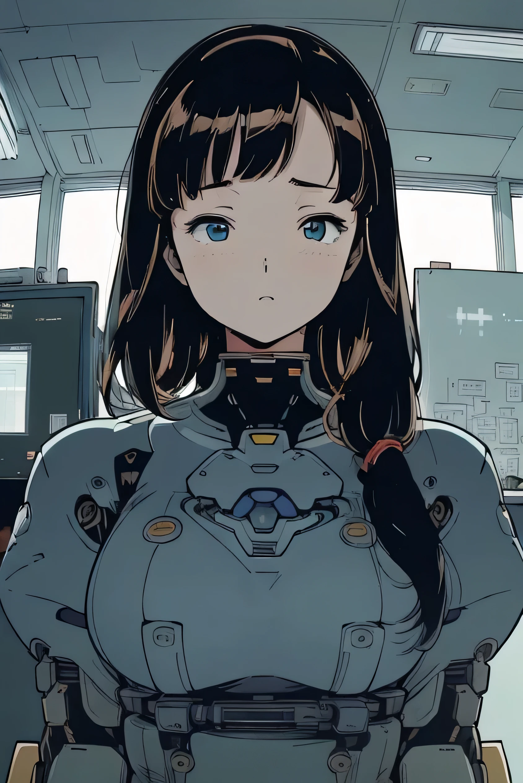 masterpiece, Best Quality, Extremely detailed, 8K portrait,Japaese android girl,Plump , control panels,Robot arms and legs, Blunt bangs,perfect robot girl,a bit chubby,white gloves,chest monitor,blue eyes,Charging spot,She is exhibits,exibition hall,promo girl,office-lady