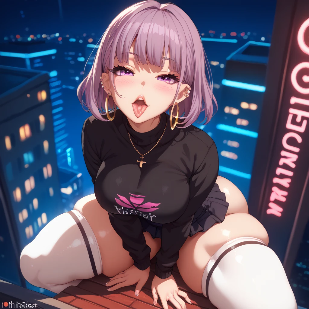 Nsfw, 1 female, purple short hair, skimpy outfit, black mini skirt, black long sleeve crop top, perfect face, perfect purple eyes, round face, ear piercings, hoop earrings, tongue out, mouth wide open, puckered lips, city rooftop, night time, neon lights, perfect large breasts, white thigh highs, really colourful background, extremely thick thighs, extremely phat ass, phattest ass in the world, sitting pose, front view, shiney skin, leaning forward, sultry face, high angle, hands between legs