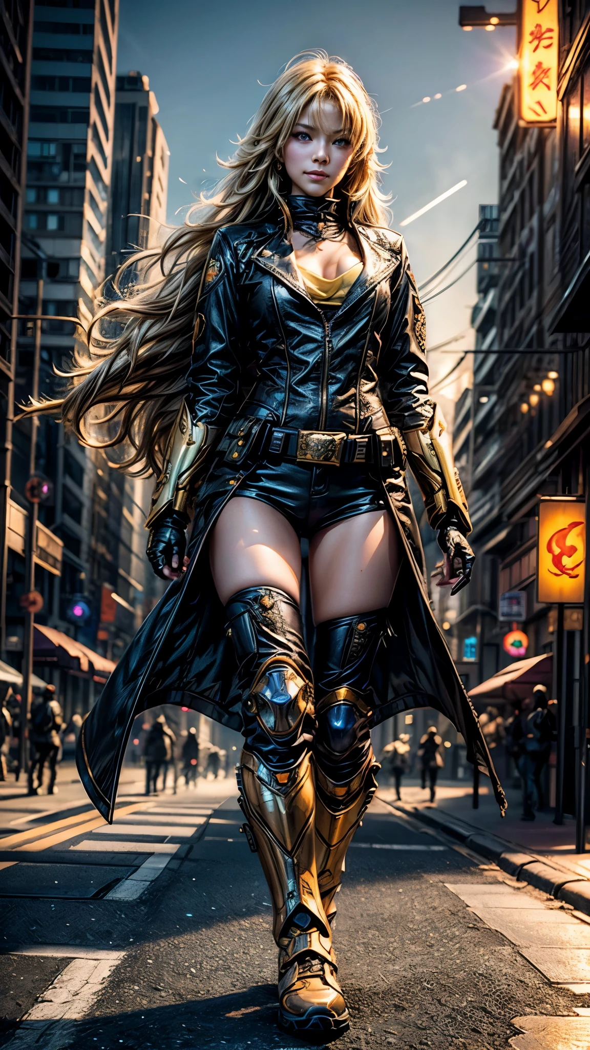 masterpiece,top quality,1Girl,Yang Xiao Long, very long hair, ahoge, purple eyes, , hand prosthesis, steampunk, cowboy shot, Night, stars, Yang Xiao Long, in a tactical suit, Night, stars, Walking with fellow police officers along a futuristic street in a cyberpunk city, neon signs, Laser Lights, other military officers with weapons, bonfire masterpiece,amazing girl, with a heart shaped face, elegant face, beautiful face, very detailed face, highly detailed skin, skin pores, subsurface scattering, Realistic pupils, smile, looks at the viewer, full lips, detailed background, depth of field, atmospheric perspective, volumetric lighting, clear focus, absurd, Realistic proportions, full height, tactical boots, good anatomy, (Realistic, hyperRealistic:1.4), 16K HDR,