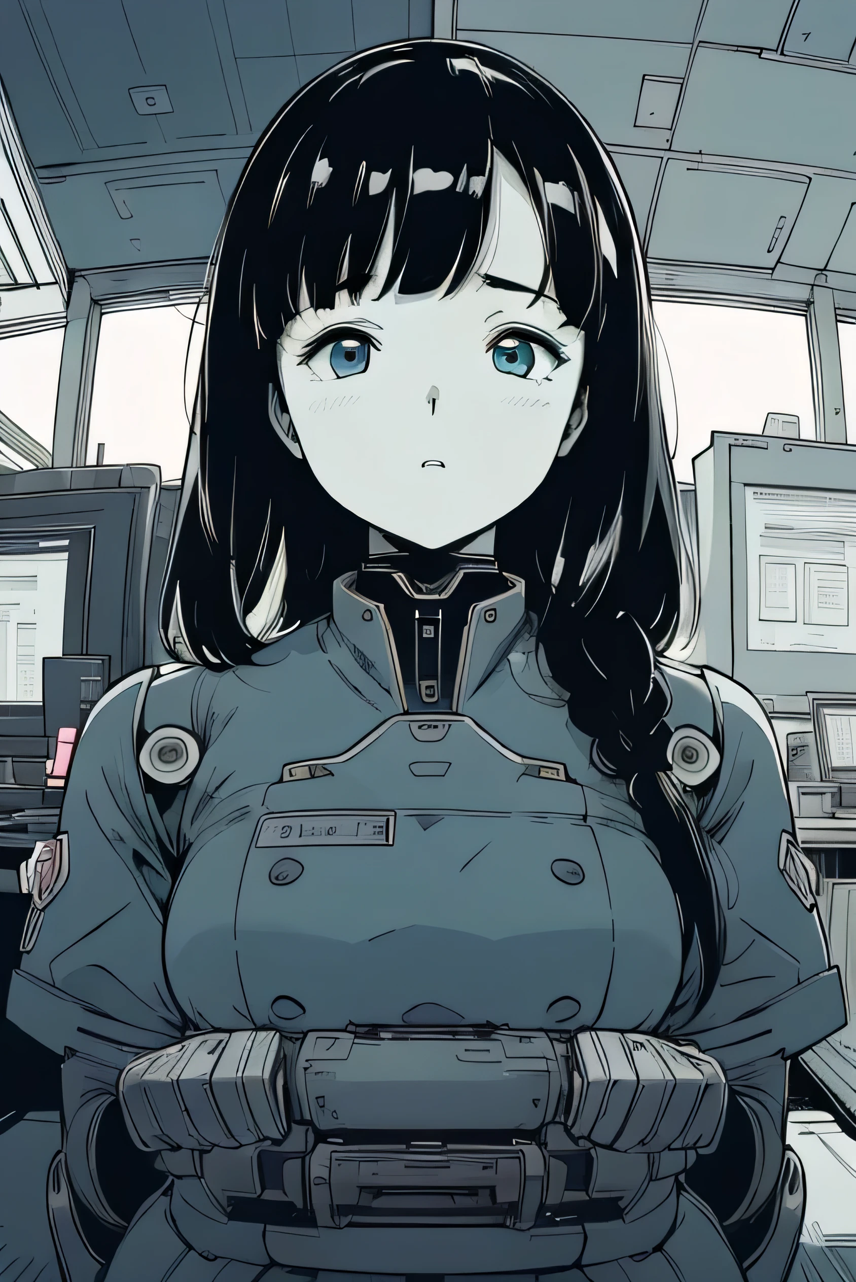 masterpiece, Best Quality, Extremely detailed, 8K portrait,Japaese android girl,Plump , control panels,Robot arms and legs, Blunt bangs,perfect robot girl,a bit chubby,white gloves,chest monitor,blue eyes,Charging spot,She is exhibits,exibition hall,promo girl,office-lady