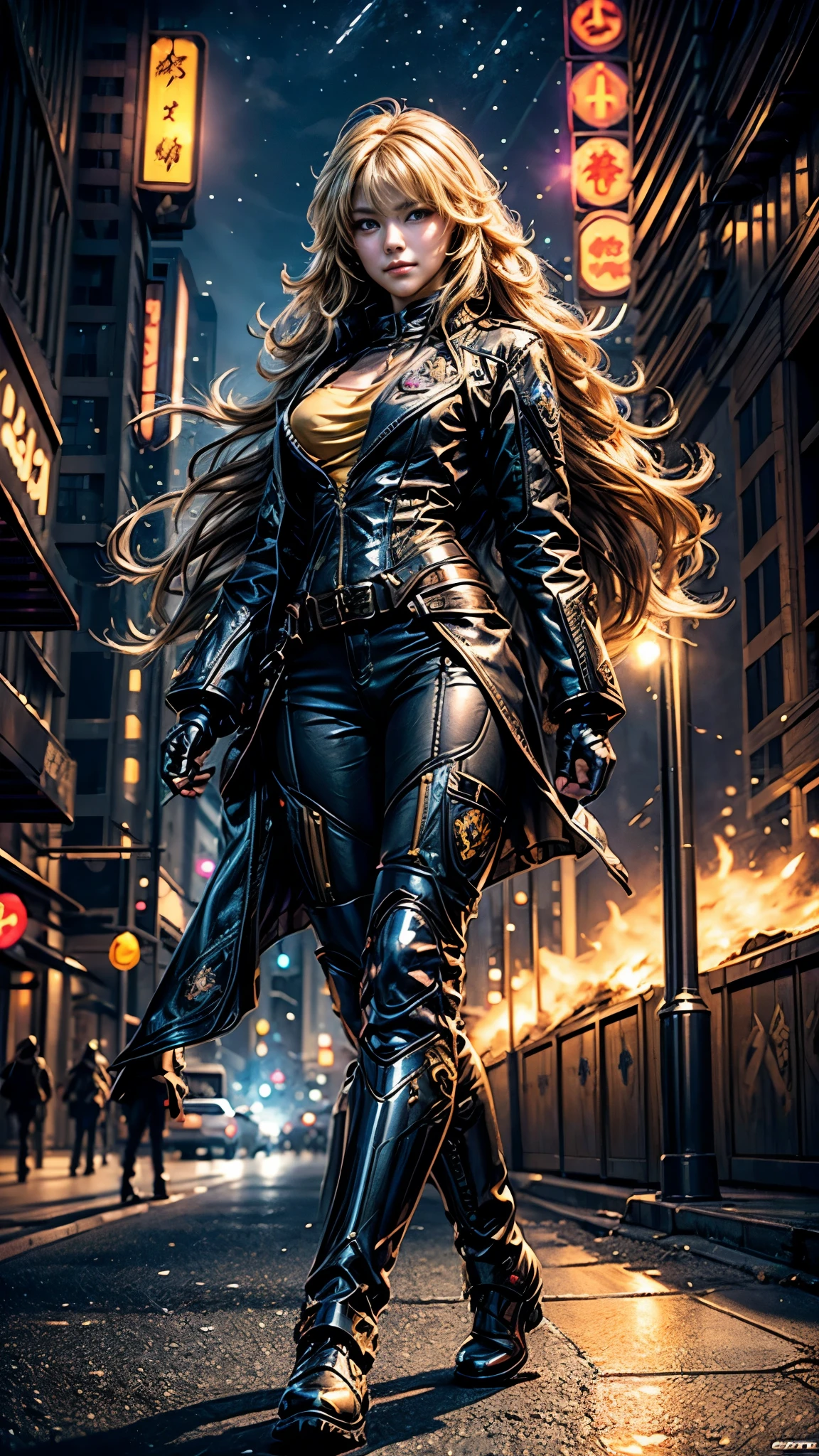 masterpiece,top quality,1Girl,Yang Xiao Long, very long hair, ahoge, purple eyes, , hand prosthesis, steampunk, cowboy shot, Night, stars, Yang Xiao Long, in a tactical suit, Night, stars, Walking with fellow police officers along a futuristic street in a cyberpunk city, neon signs, Laser Lights, other military officers with weapons, bonfire masterpiece,amazing girl, with a heart shaped face, elegant face, beautiful face, very detailed face, highly detailed skin, skin pores, subsurface scattering, Realistic pupils, smile, looks at the viewer, full lips, detailed background, depth of field, atmospheric perspective, volumetric lighting, clear focus, absurd, Realistic proportions, full height, tactical boots, good anatomy, (Realistic, hyperRealistic:1.4), 16K HDR,