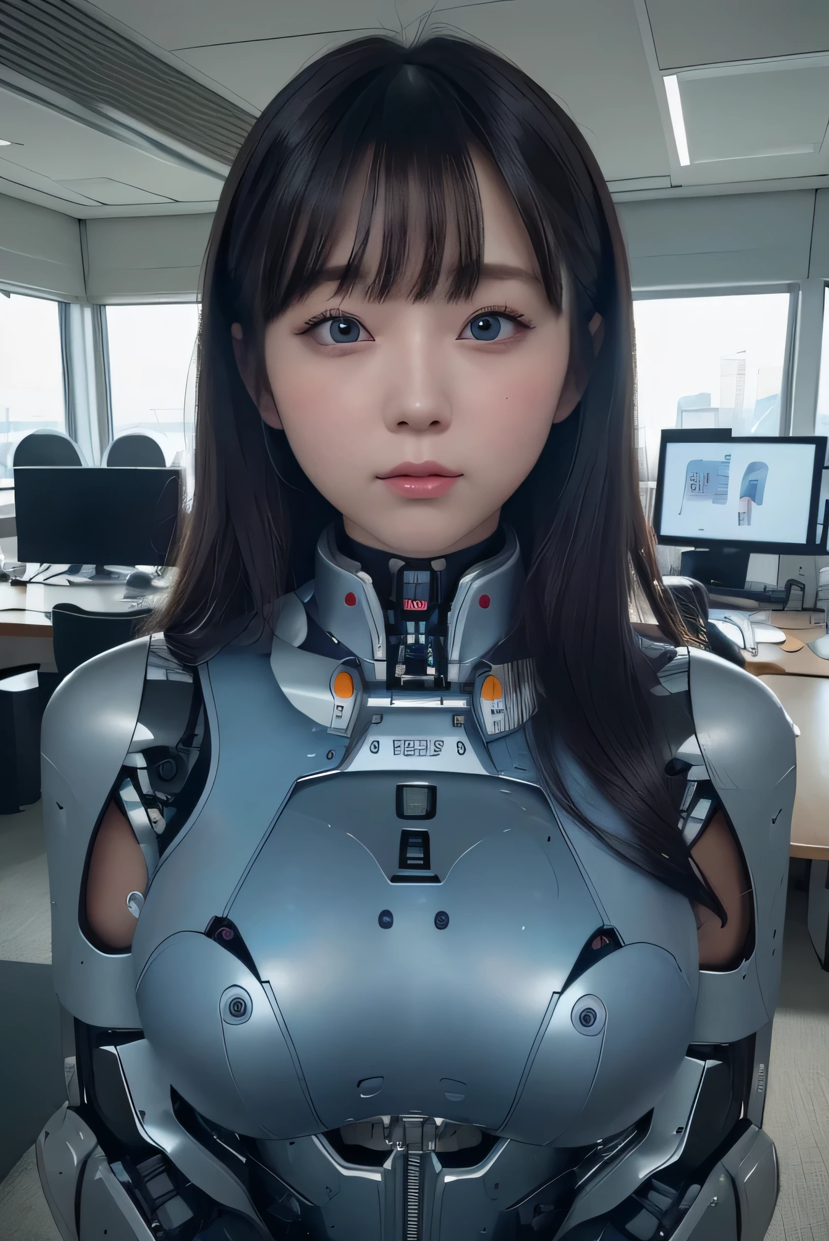 masterpiece, best quality, extremely detailed,8k portrait,Japaese android girl,Plump , control panels,android,Droid,Mechanical Hand, Robot arms and legs, Black hair,Blunt bangs,perfect robot girl,long tube,thick cable connected her neck,android,robot,humanoid,cyborg,japanese cyborg girl ,robot-assembly plant,She has assembled now,assembly scene,white robot body,white eyes,