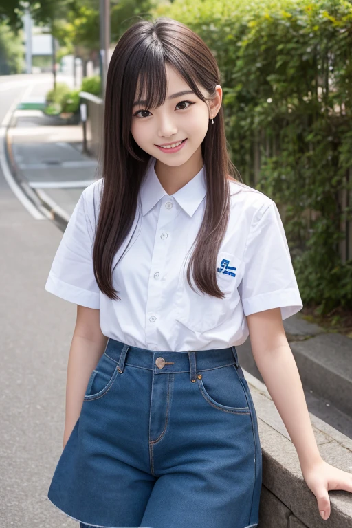Arabian asian woman wearing white shirt and blue shorts taking a photo, Chiho, kimi takemura, Hole in the Motto, narumi kakinouchi, Japanese Model, wearing Japanese School Uniform, Japanese , Japanese Girls , Kotegawa Yui, Yoshitomo Nara, Korean Girls