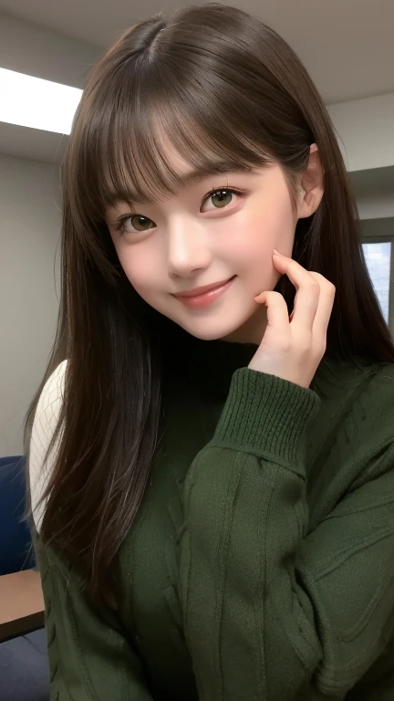 Beautifully detailed、High resolution portrait masterpiece of a girl with long hair。, Shiny brown hair and captivating green eyes, Wear a cozy sweater、She has a gorgeous smile that accentuates her small but perfectly shaped breasts..